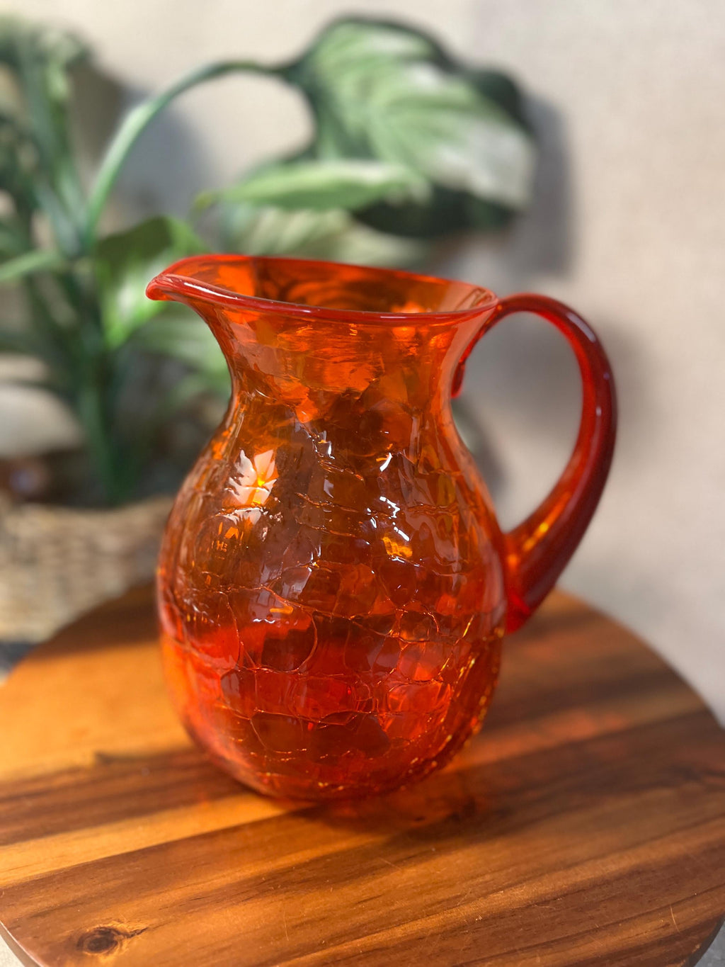 Vintage MCM Blenko Glass 637M Pitcher In Amberina Crackle Stunning