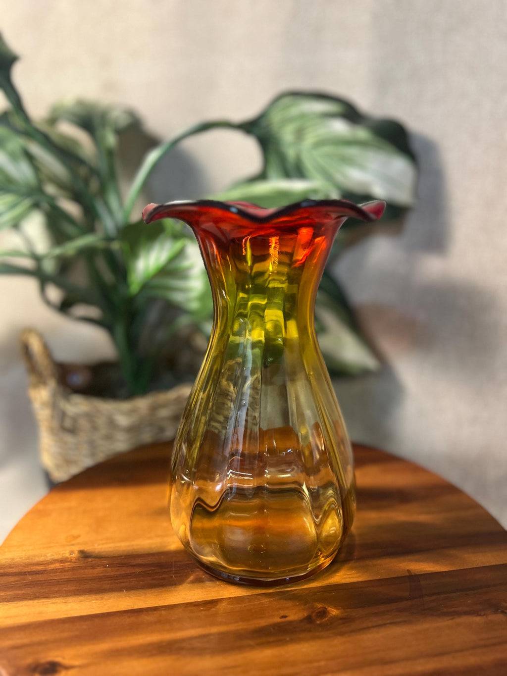 Vintage Kanawha Glass Amberina Orange and Yellow Vase 8 Ruffled Edge