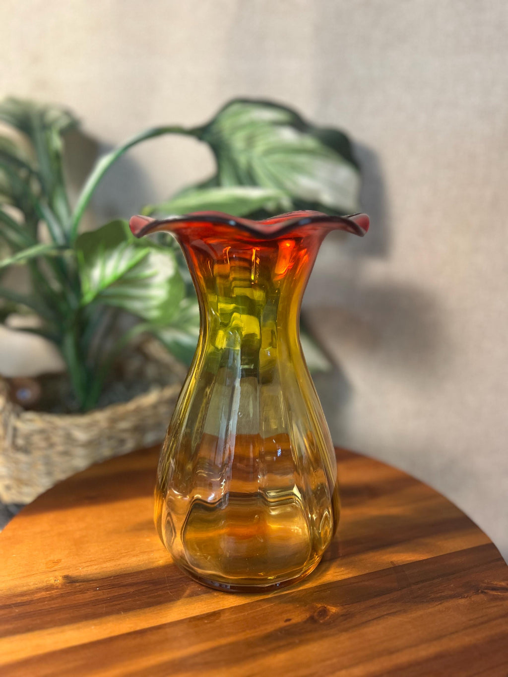 Vintage Kanawha Glass Amberina Orange and Yellow Vase 8 Ruffled Edge