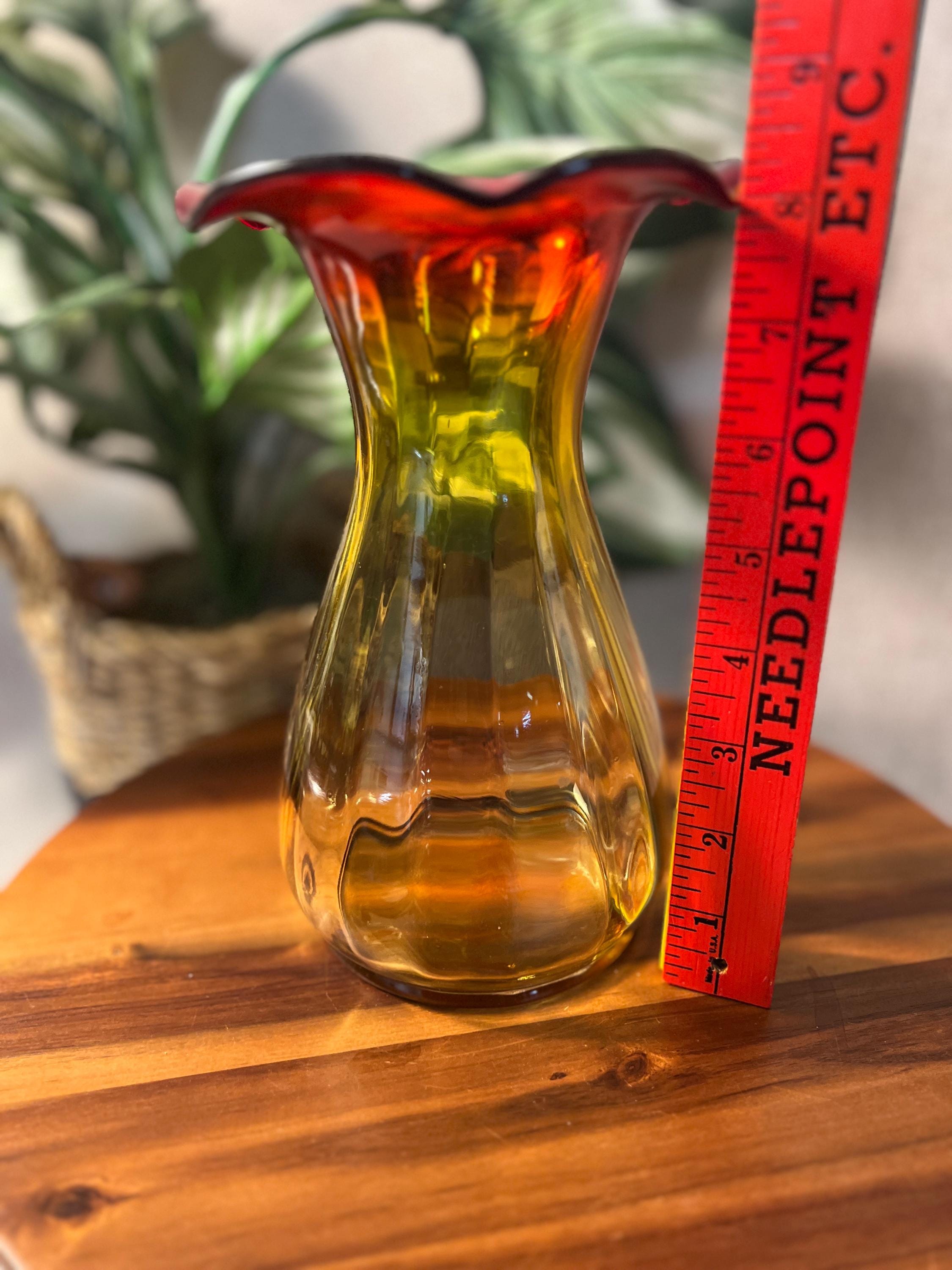 Vintage Kanawha Glass Amberina Orange and Yellow Vase 8 Ruffled Edge