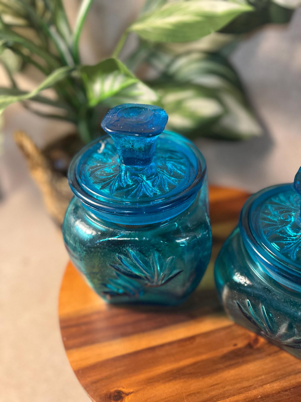 Vintage L E Smith Blue 1960 Sand Swirl Canister Set of 2 Turquoise Glass W Lids