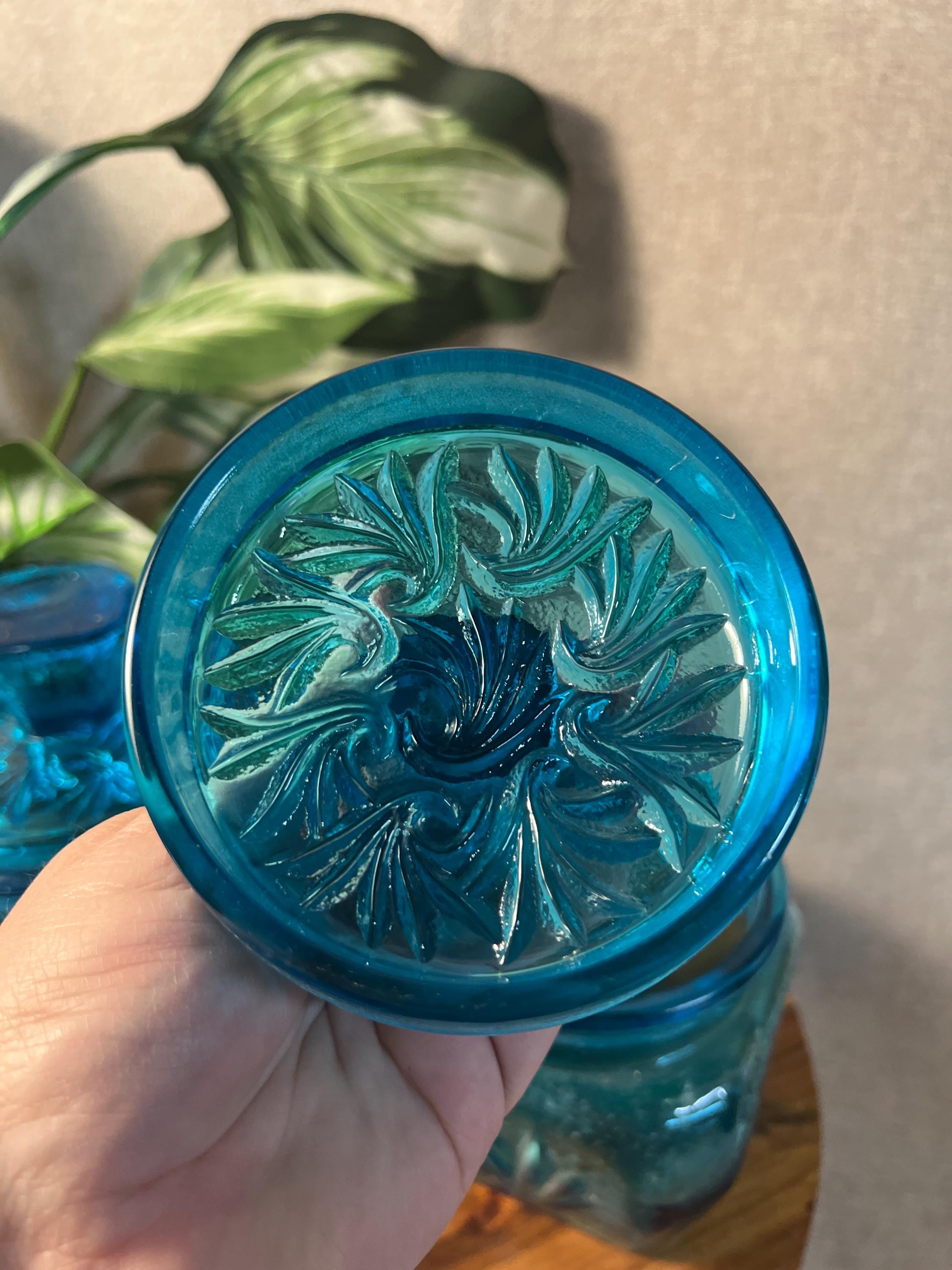 Vintage L E Smith Blue 1960 Sand Swirl Canister Set of 2 Turquoise Glass W Lids