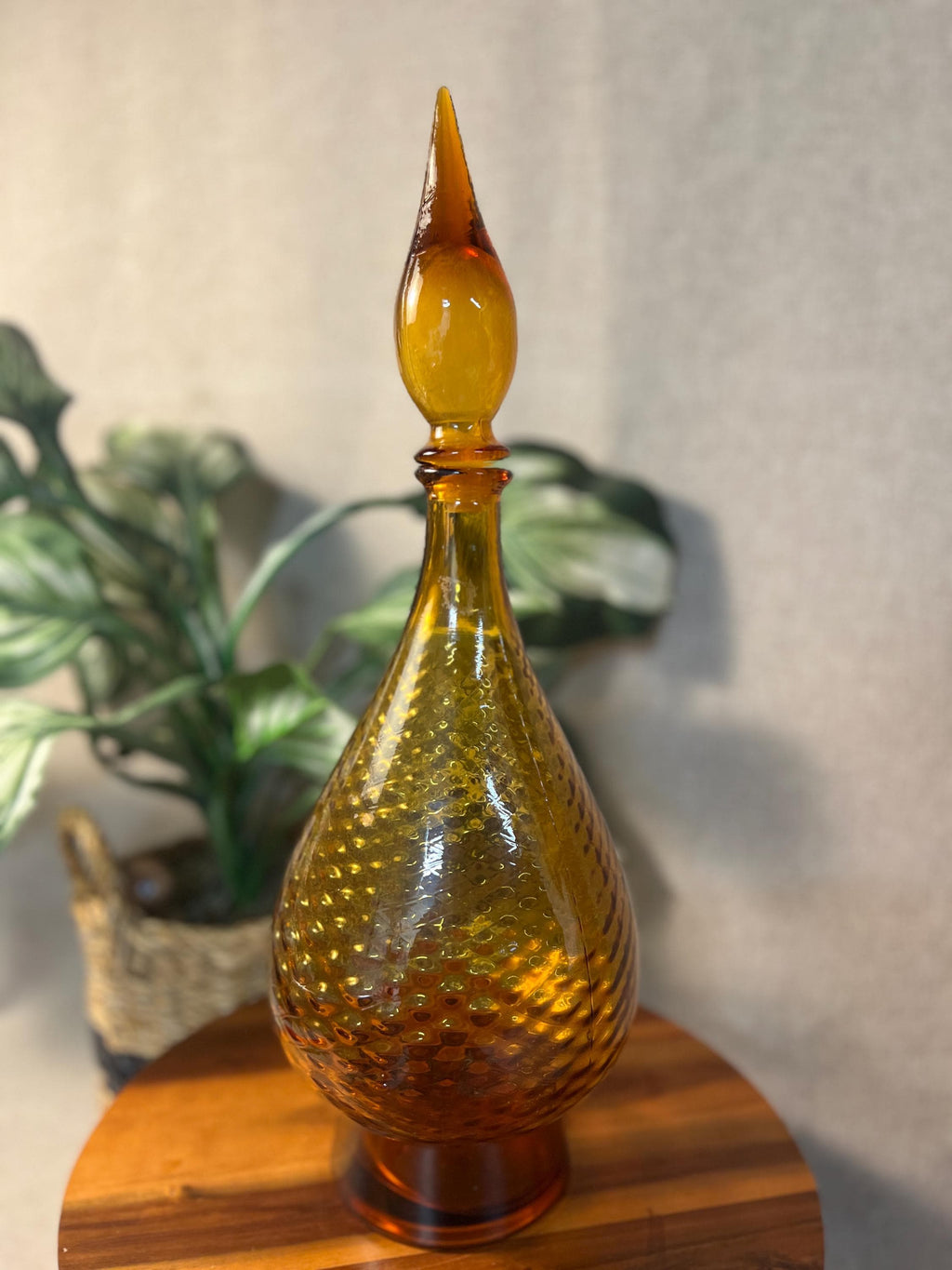 Vintage Mid-Century Modern Amber Empoli Glass Genie Decanter Bottle 18