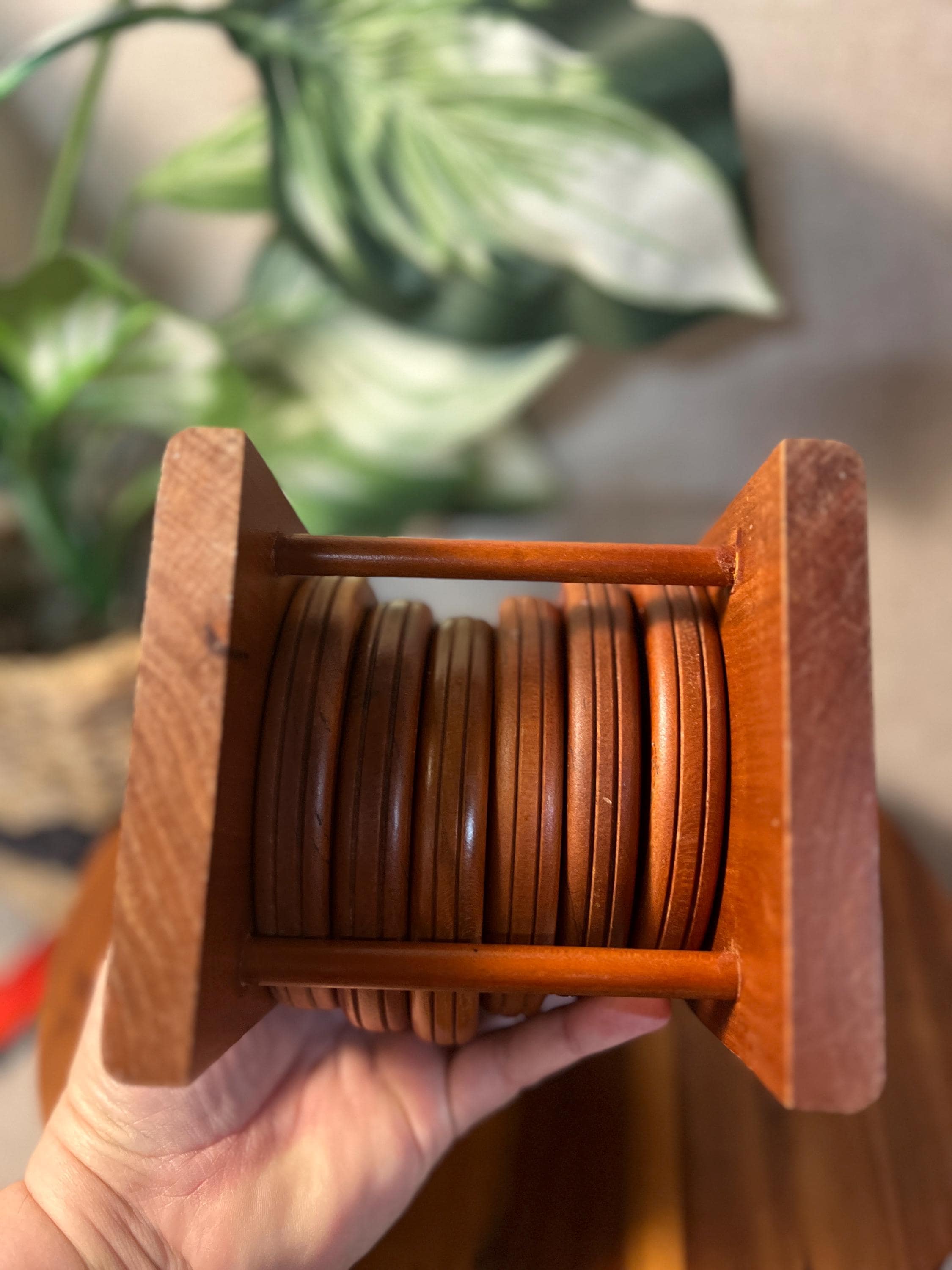 Vintage Hand-Carved Wooden Coaster Set Of 6 Round With Holder