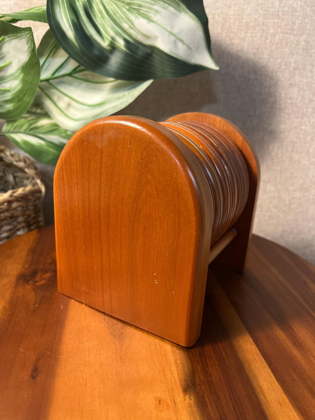 Vintage Hand-Carved Wooden Coaster Set Of 6 Round With Holder