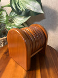 Vintage Hand-Carved Wooden Coaster Set Of 6 Round With Holder