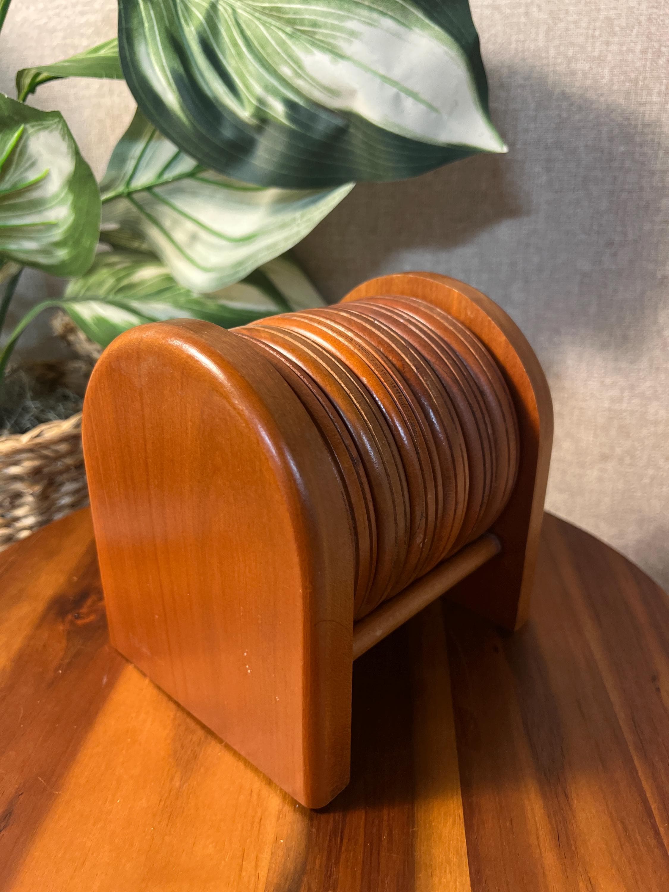 Vintage Hand-Carved Wooden Coaster Set Of 6 Round With Holder