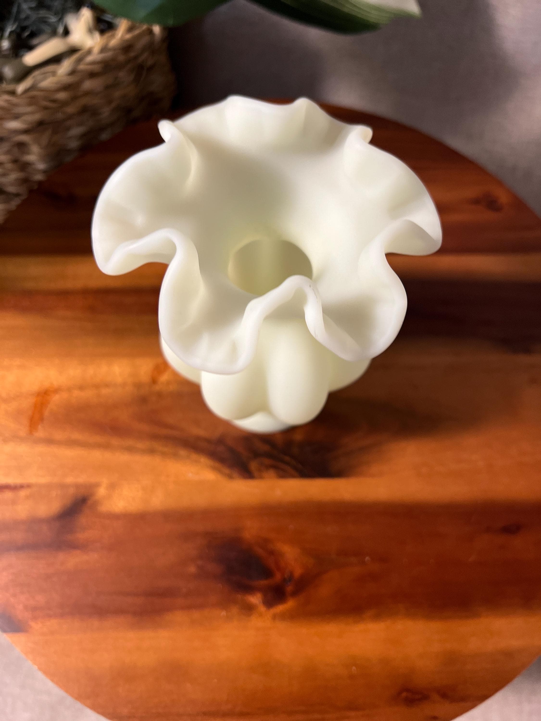 Fenton Vase Custard Satin Uranium Glass. Ruffled Edges Melon Style