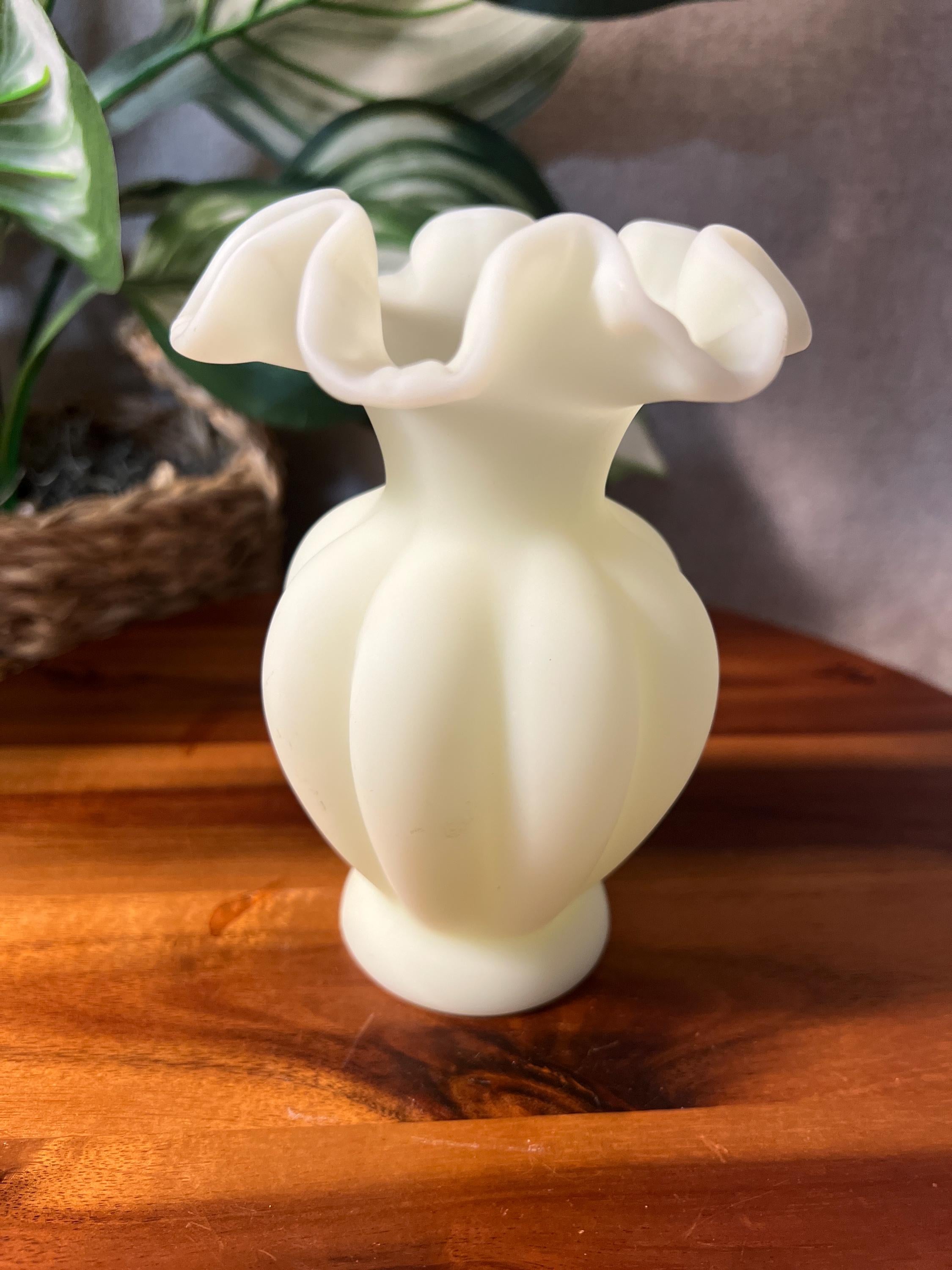 Fenton Vase Custard Satin Uranium Glass. Ruffled Edges Melon Style