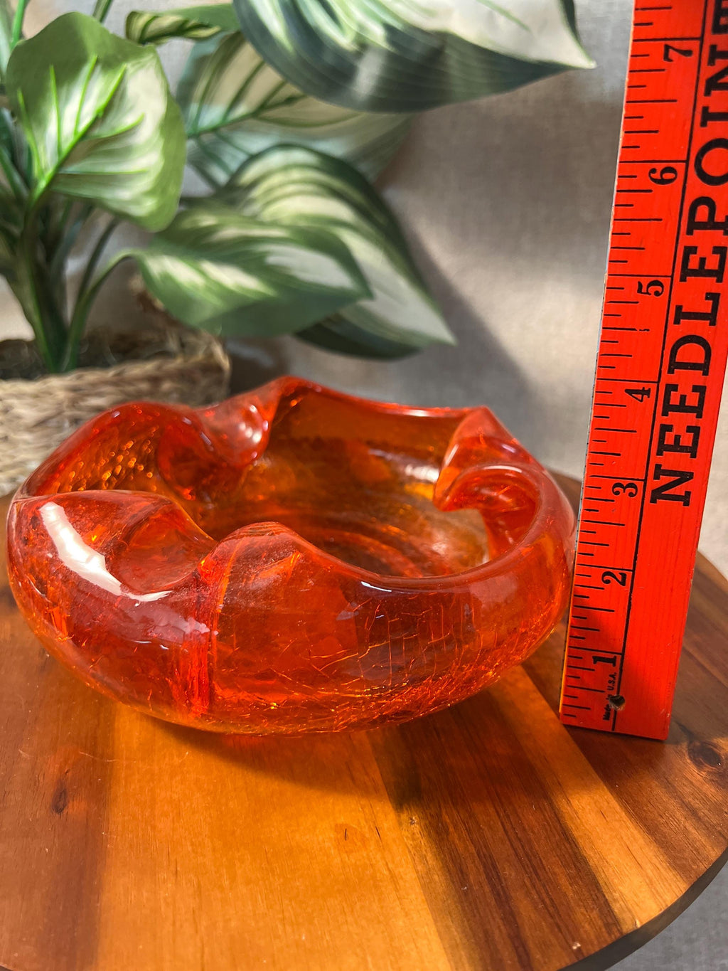 Vintage Viking Crackle Glass Ashtray MCM Red Orange Cadmium Glow 6"