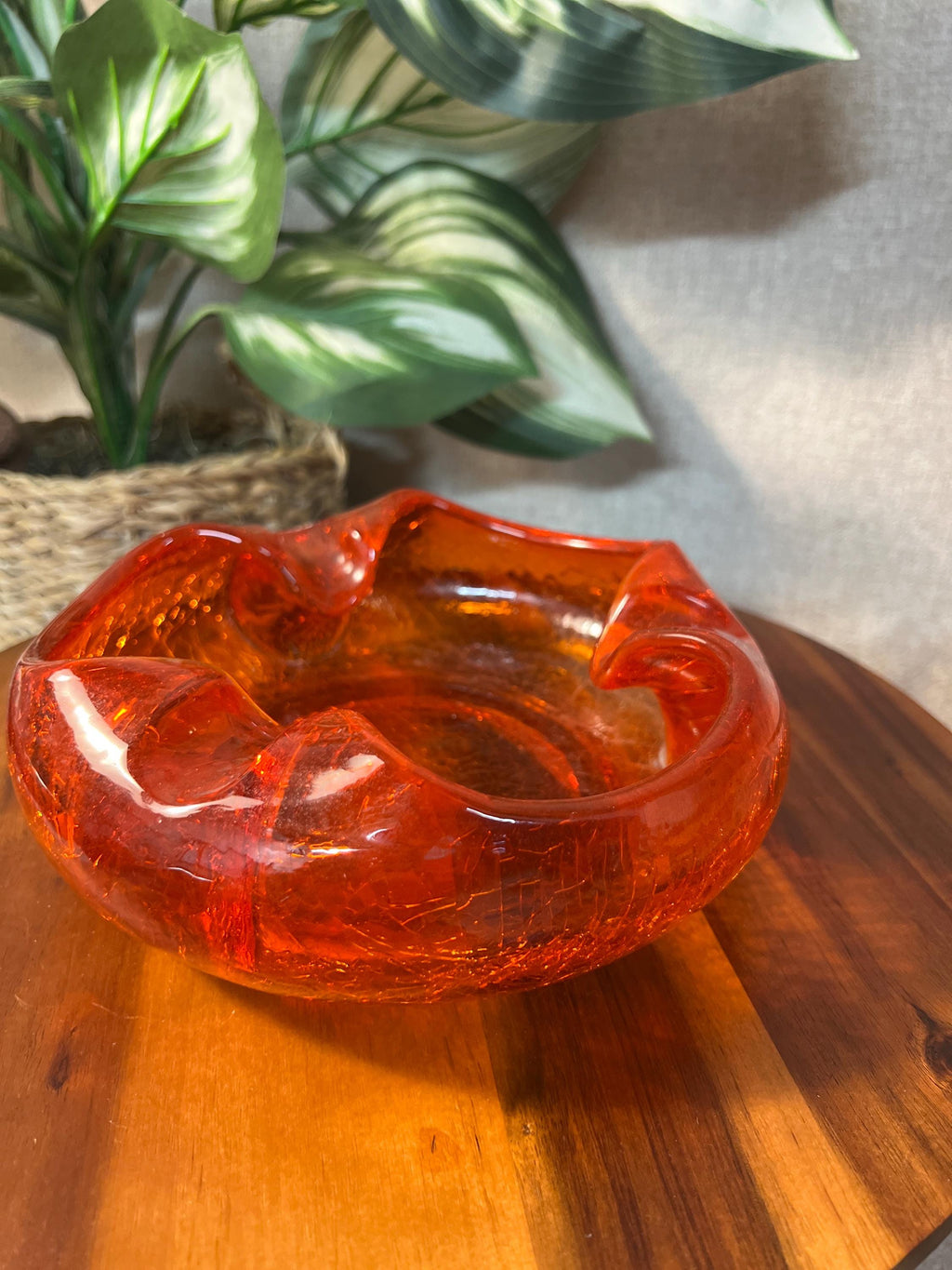 Vintage Viking Crackle Glass Ashtray MCM Red Orange Cadmium Glow 6"