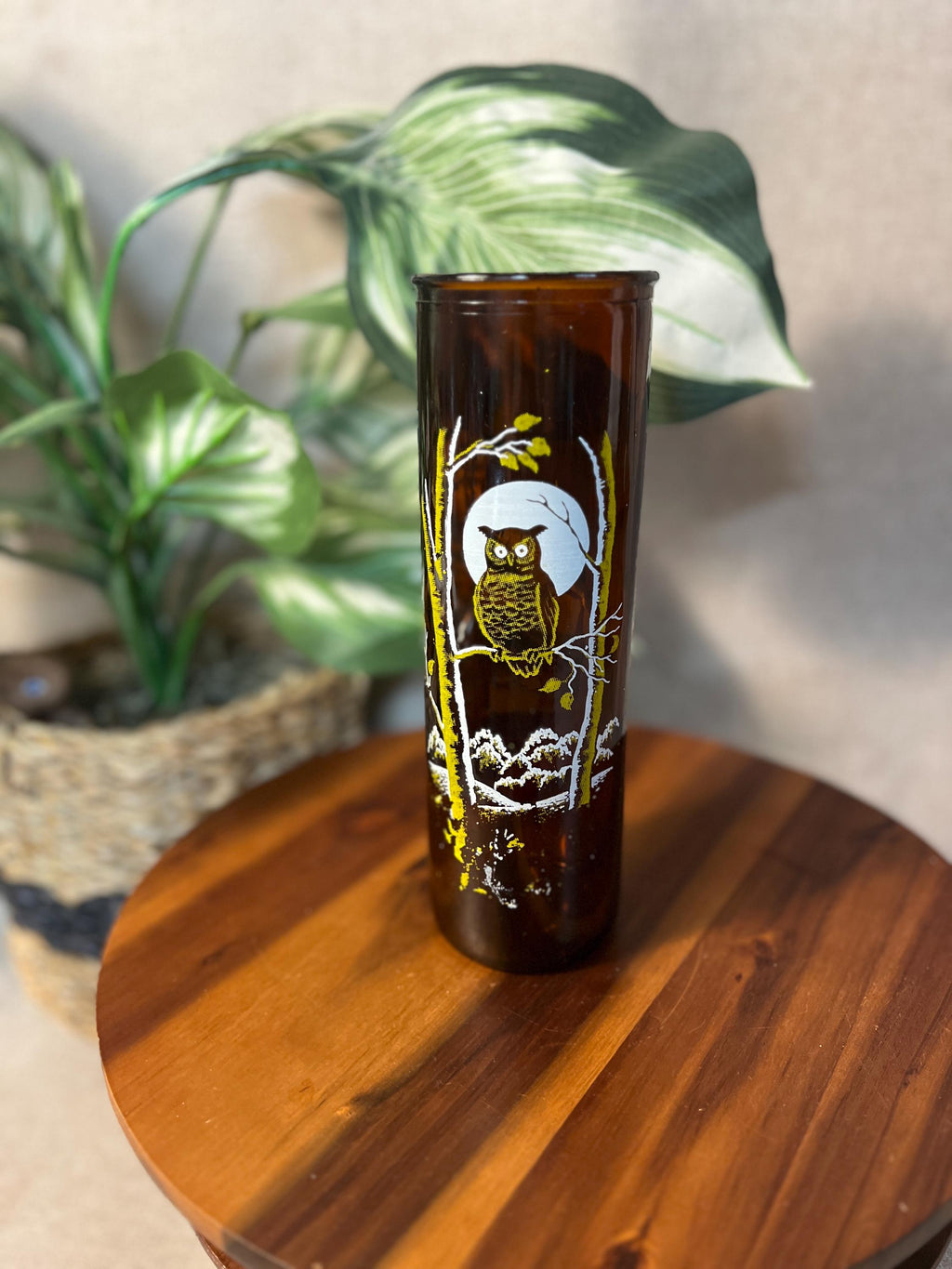 Vintage Double Sided Amber Glass 9" Tall Pillar Owl Candle 1970s Retro MCM Design