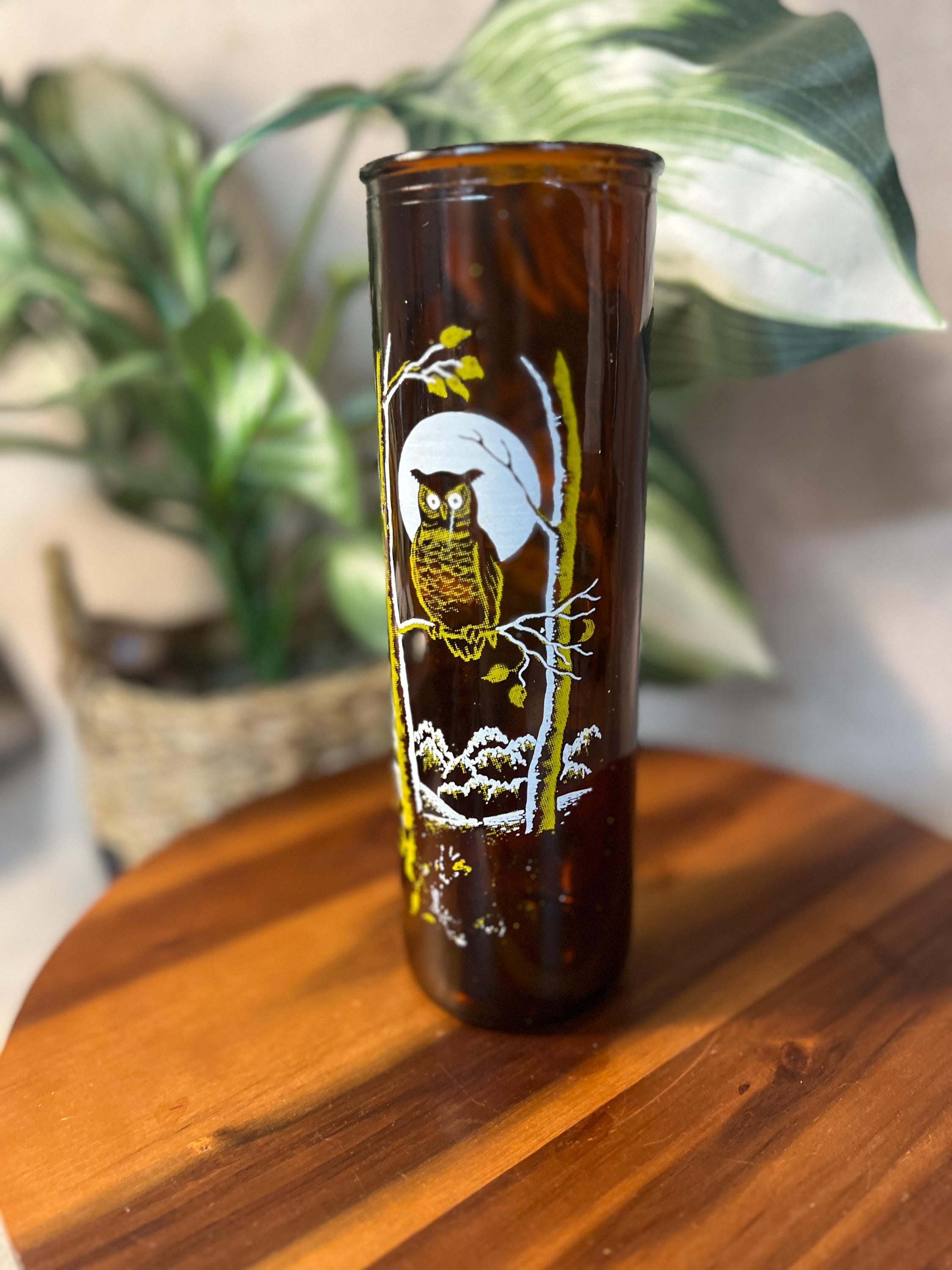 Vintage Double Sided Amber Glass 9" Tall Pillar Owl Candle 1970s Retro MCM Design