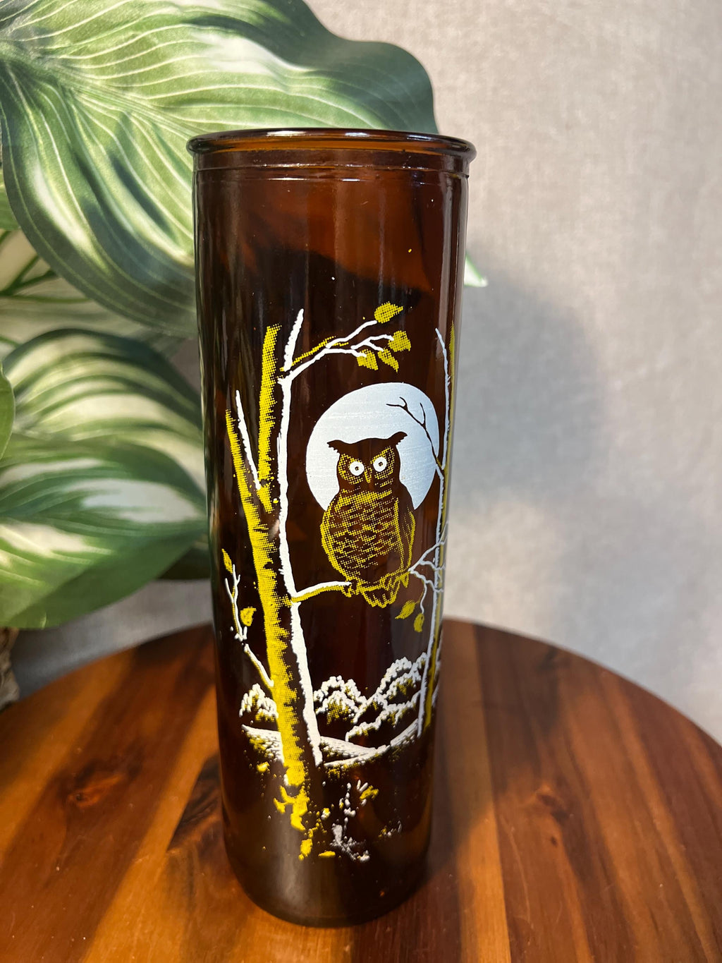 Vintage Double Sided Amber Glass 9" Tall Pillar Owl Candle 1970s Retro MCM Design