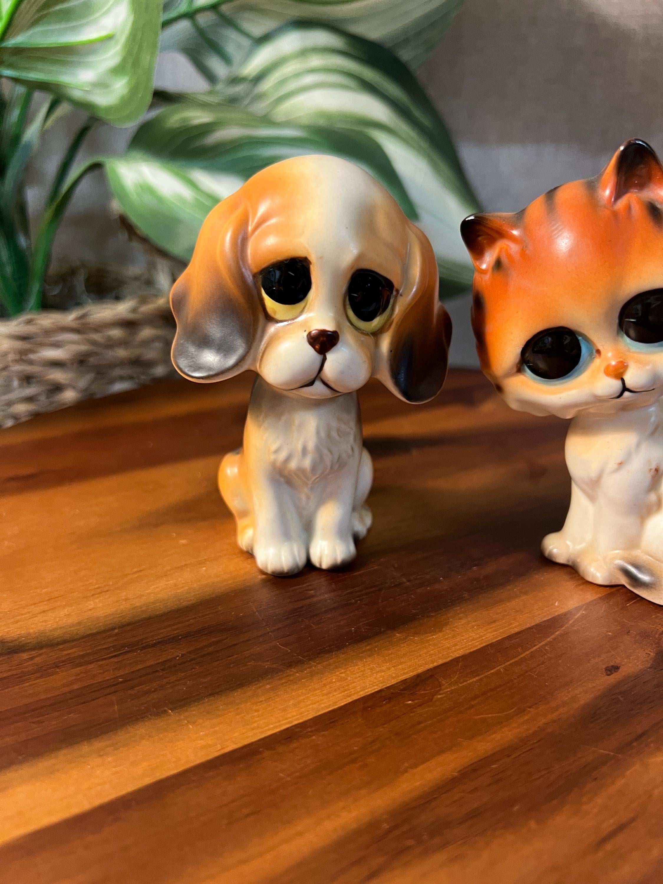 Vintage Lefton Sad Eyes Big Eyes Puppy Dog and Kitten Figurine Made In Japan