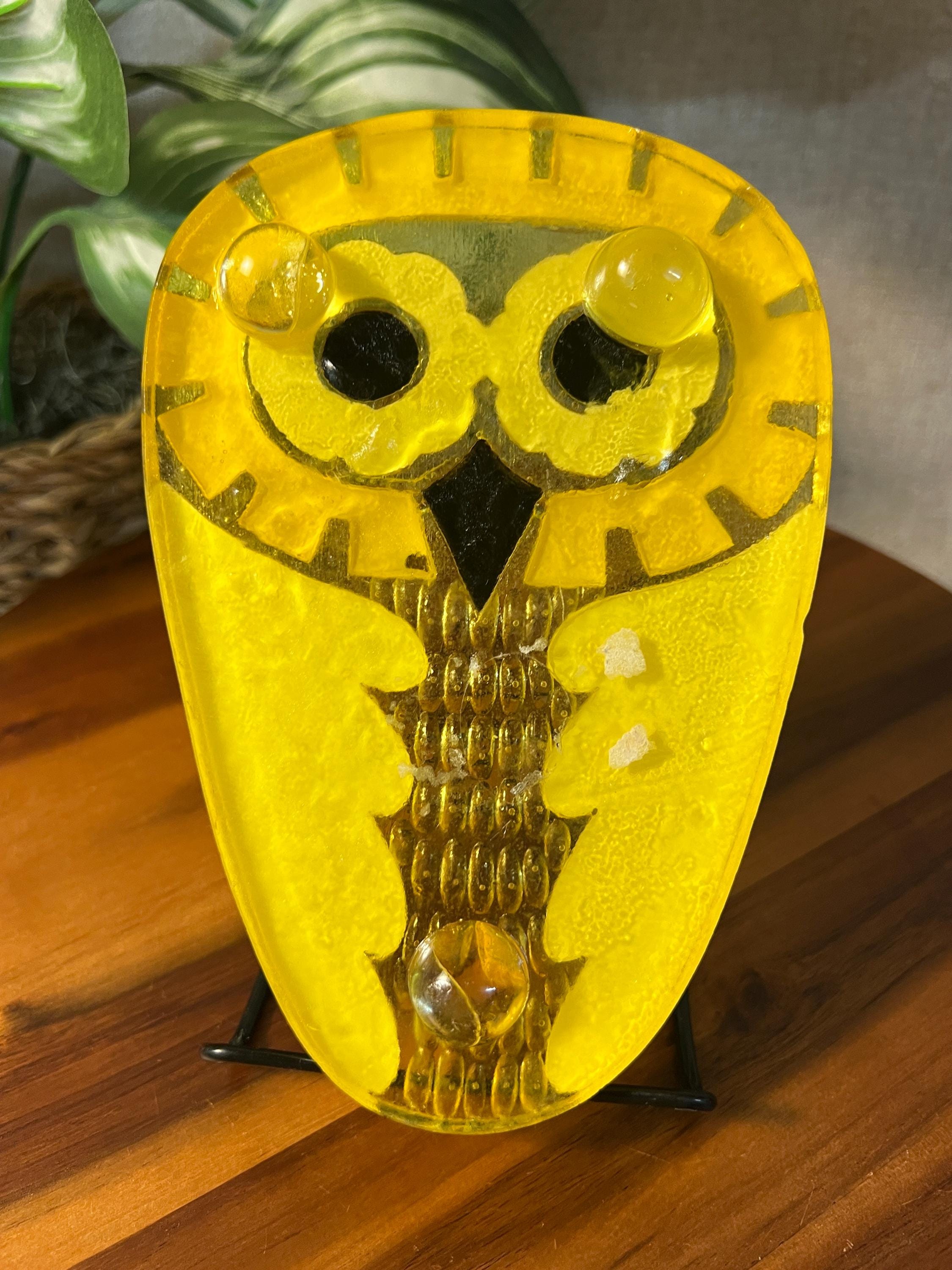 Vintage Yellow Lucite Owl Trivet / Spoon Rest Mid Century Modern