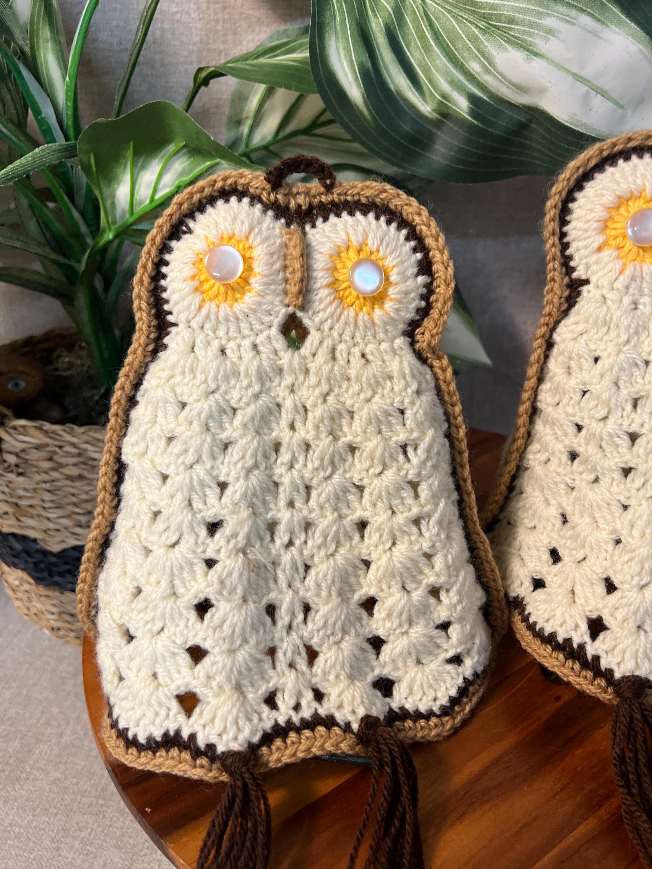 Handmade Crochet Owl Pot Holders, Pair — 1970s Kitchen Trivets