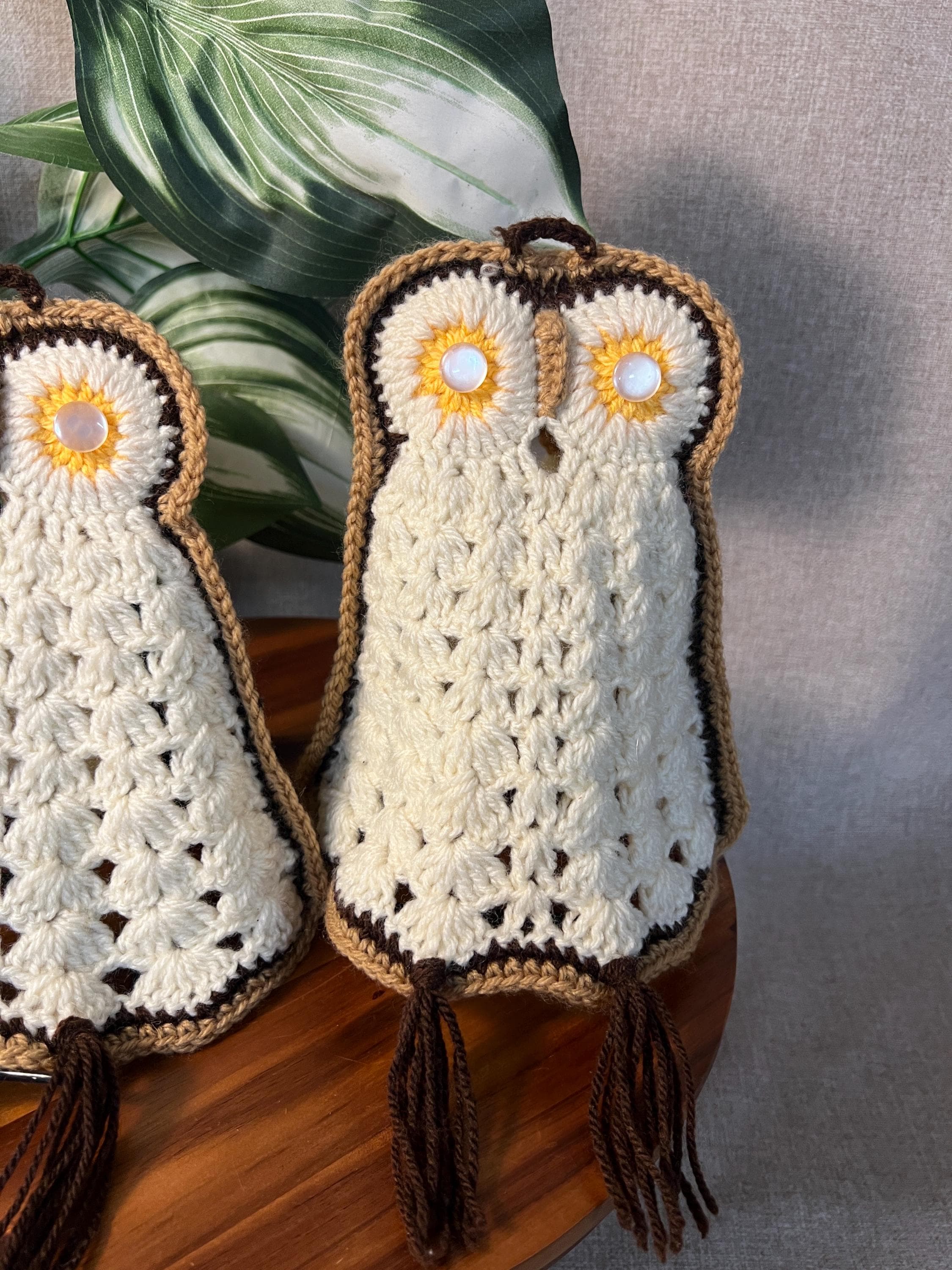 Handmade Crochet Owl Pot Holders, Pair — 1970s Kitchen Trivets