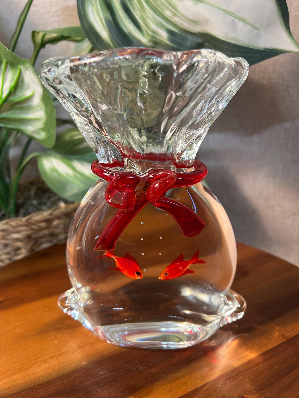 Murano 7" GoldFish Aquarium Bag Art Glass Paperweight w/Red Ribbon