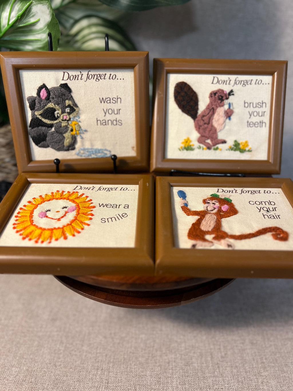 Vtg 1981 Creative Circle Crewel Friendly Reminders Framed Set/4 Child Decor