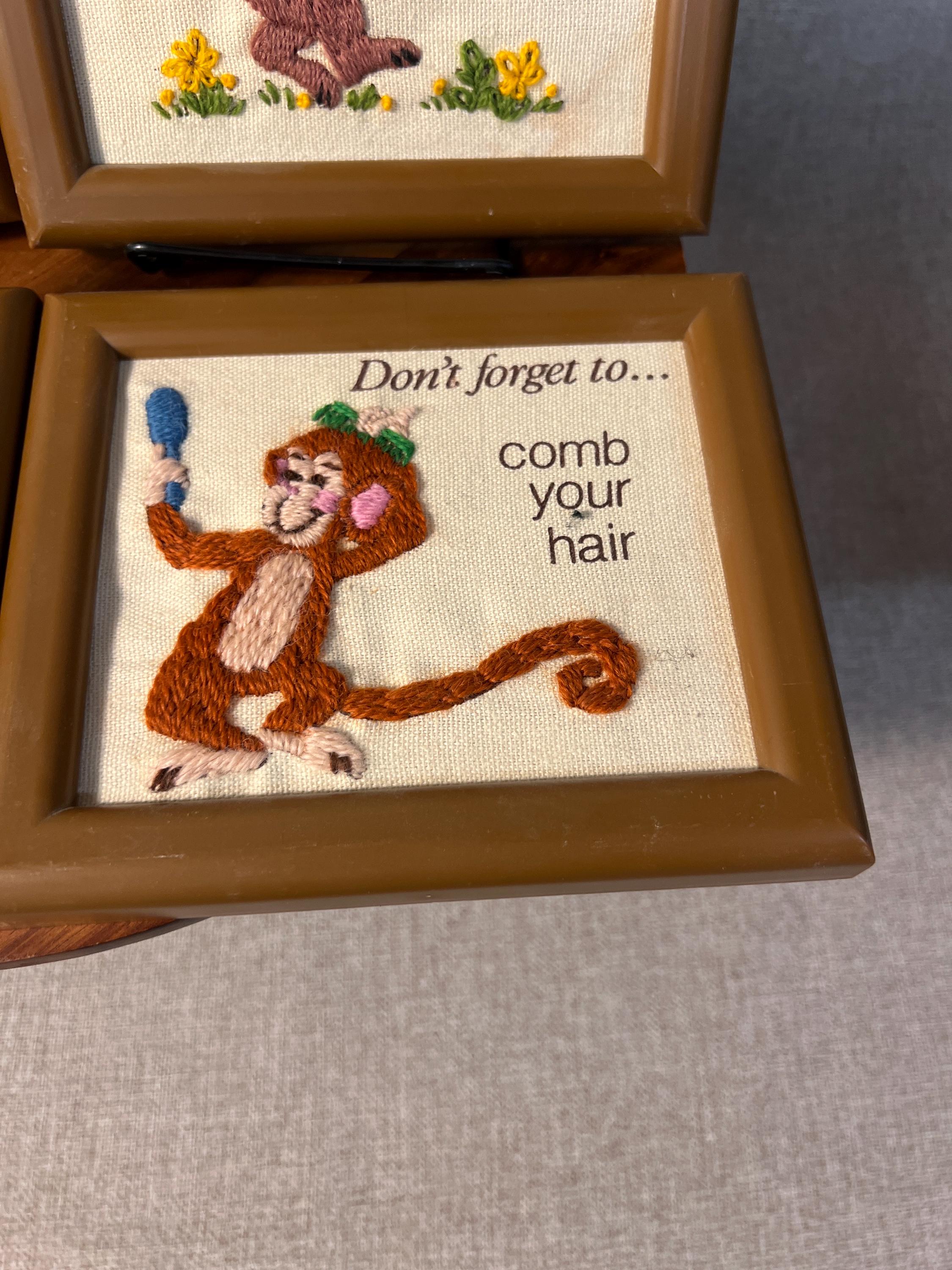 Vtg 1981 Creative Circle Crewel Friendly Reminders Framed Set/4 Child Decor