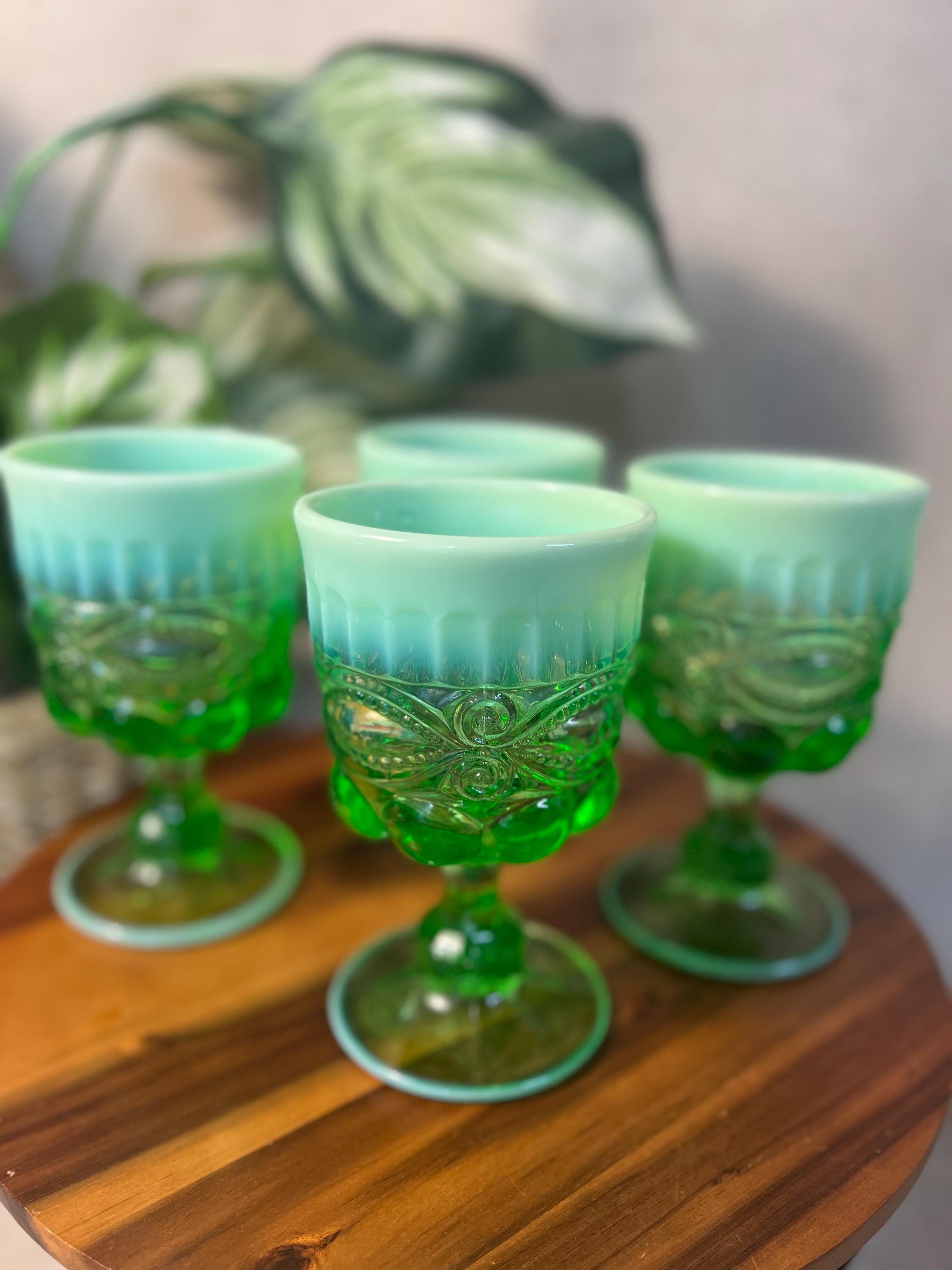 Mosser Eye Winker Opalescent Green Water Goblets Set Of Four Glasses 6.5oz USA