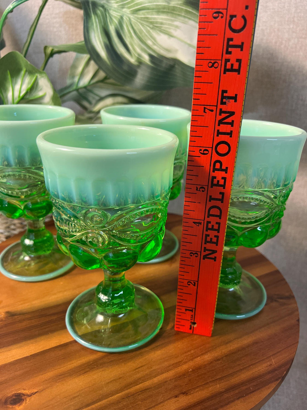 Mosser Eye Winker Opalescent Green Water Goblets Set Of Four Glasses 6.5oz USA