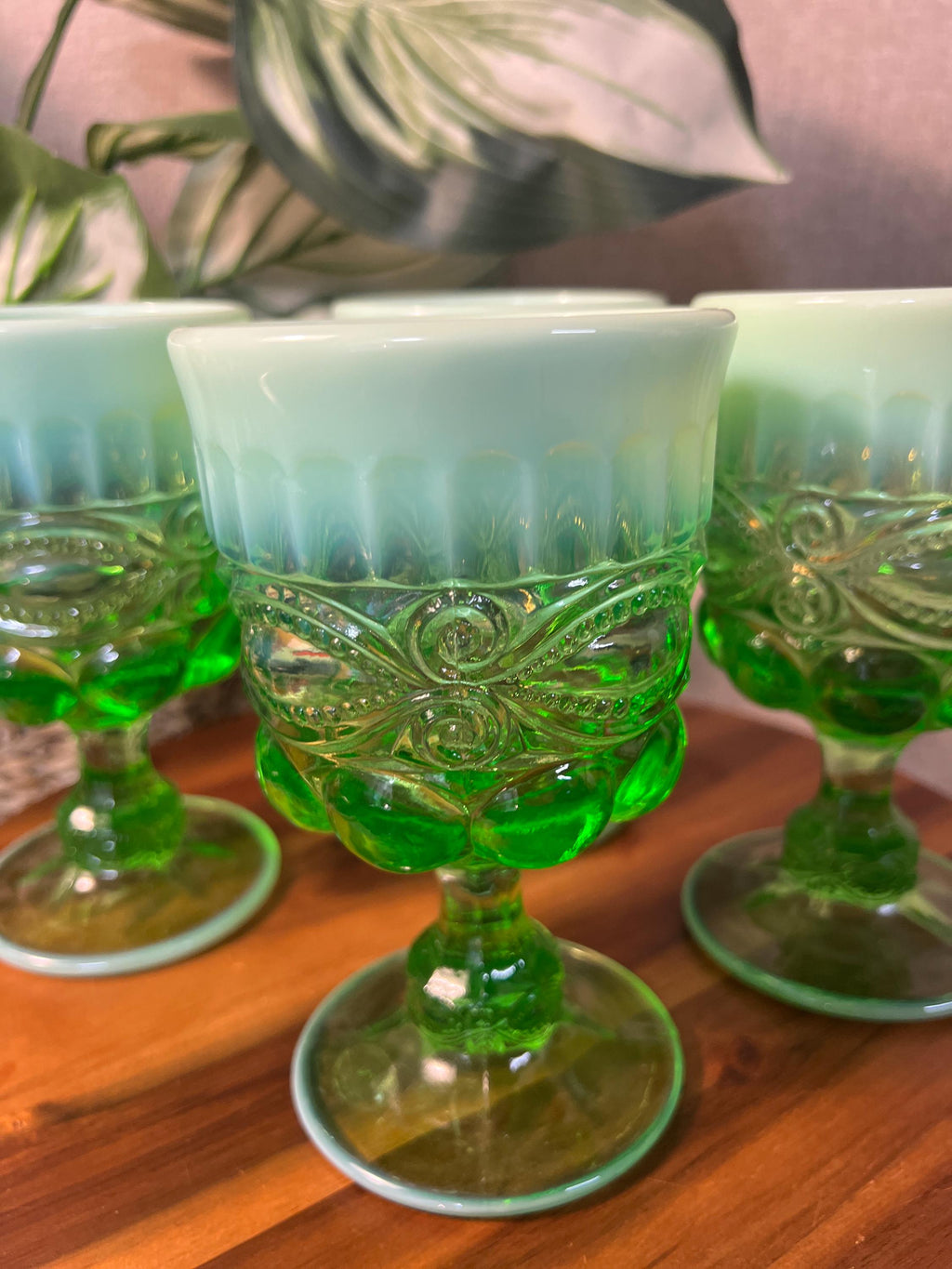 Mosser Eye Winker Opalescent Green Water Goblets Set Of Four Glasses 6.5oz USA
