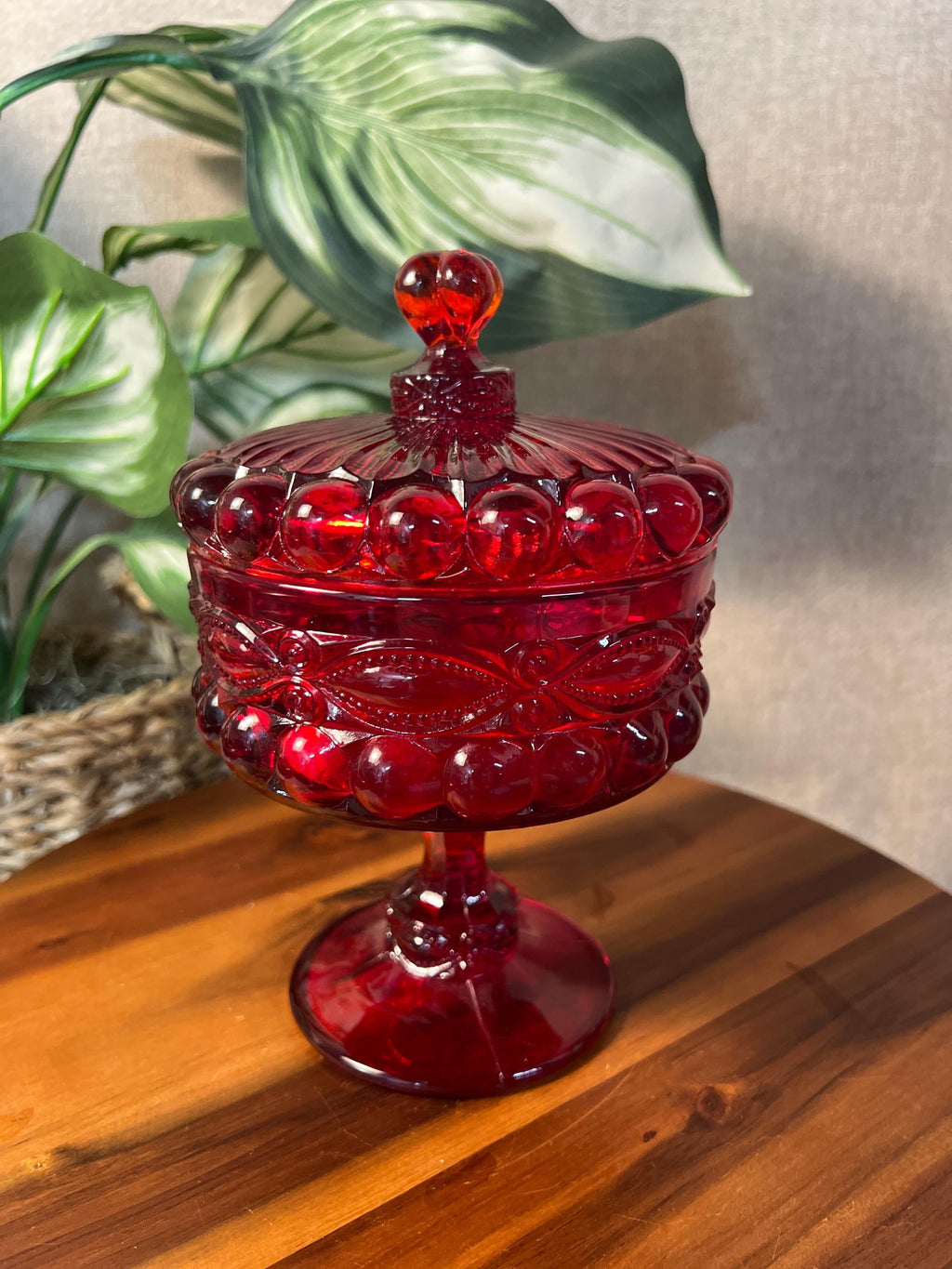 Vintage MOSSER GLASS Ruby Red Covered Candy Dish Compote Eye Winker 7"