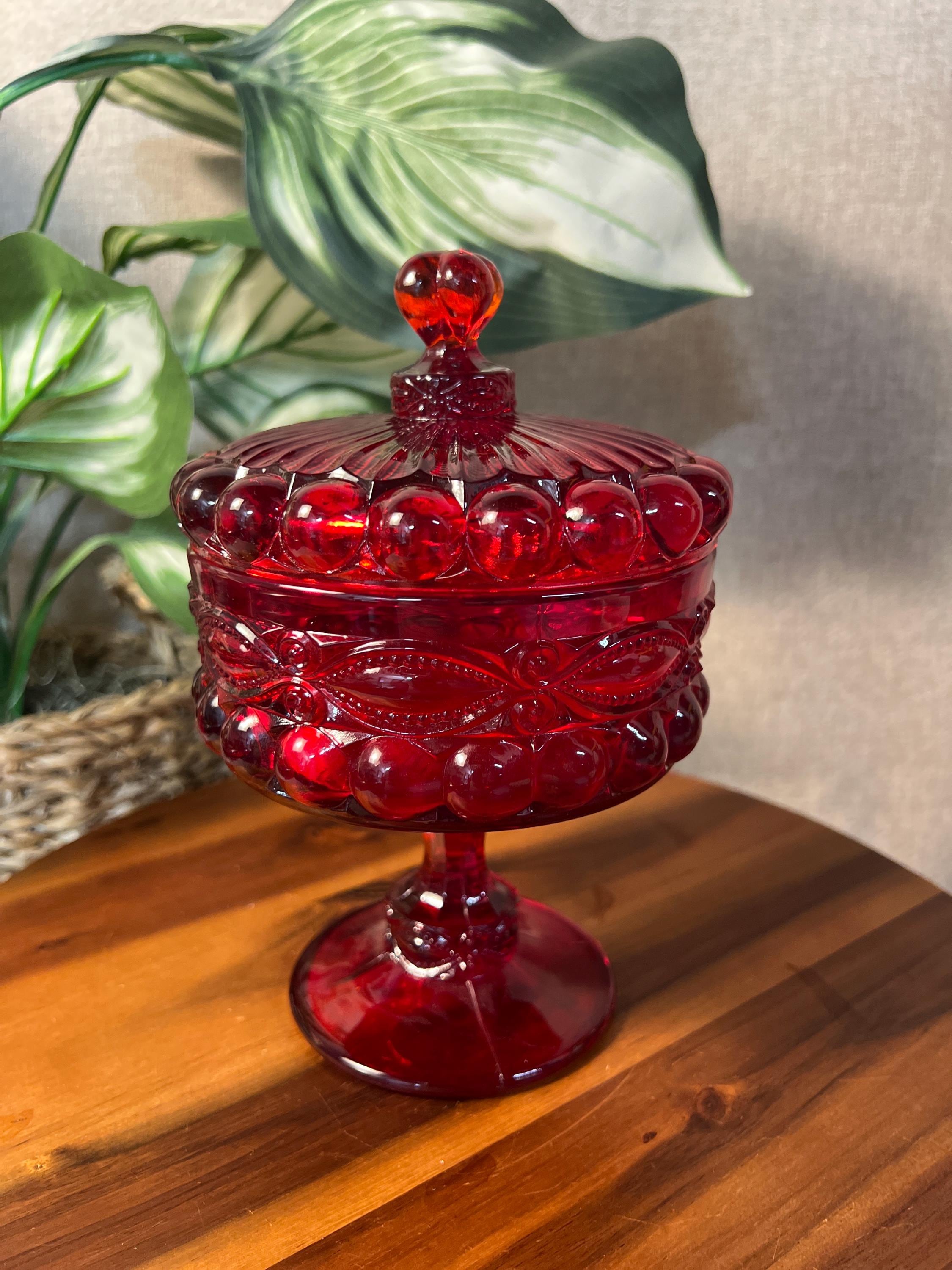 Vintage MOSSER GLASS Ruby Red Covered Candy Dish Compote Eye Winker 7"