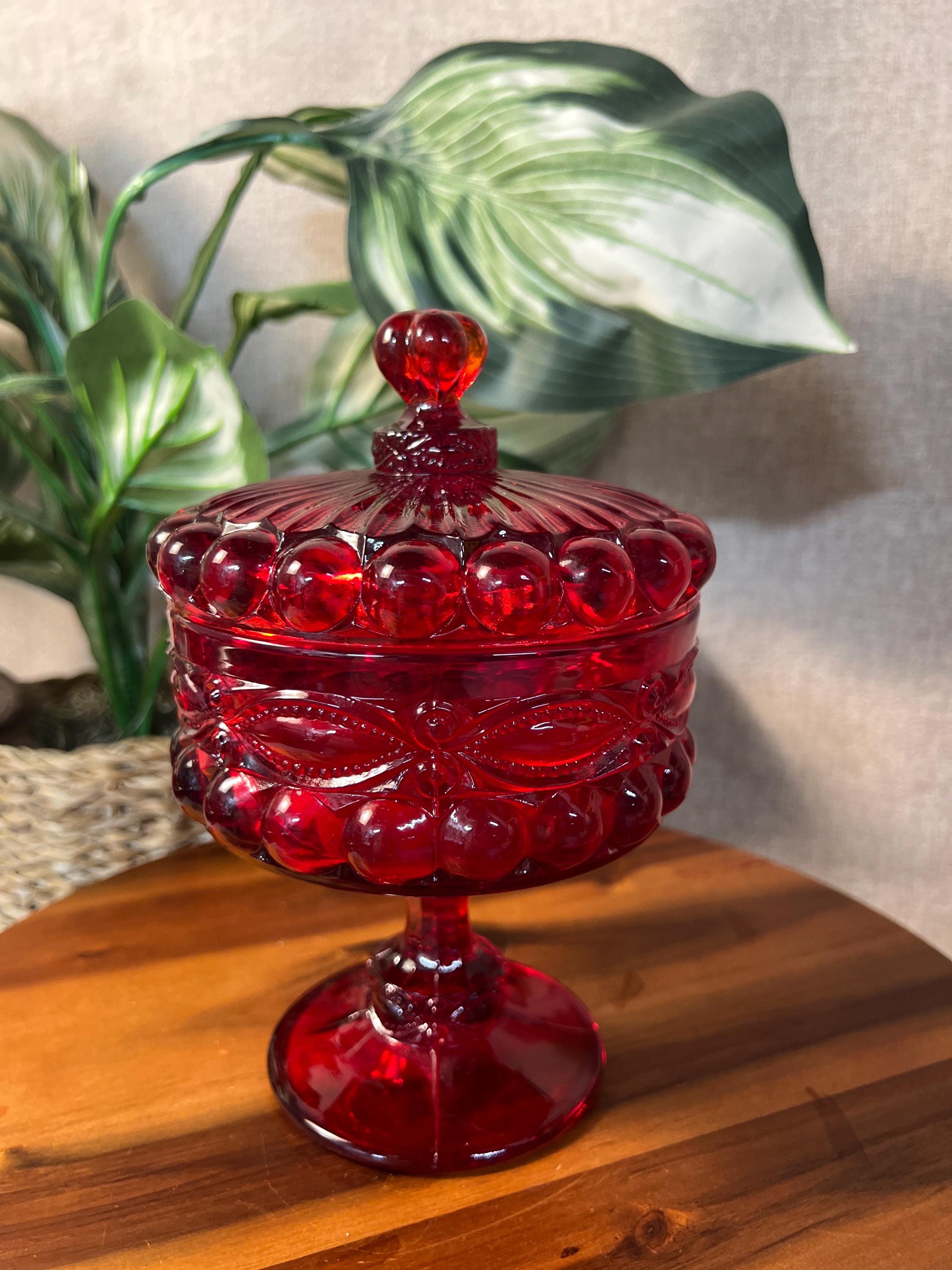 Vintage MOSSER GLASS Ruby Red Covered Candy Dish Compote Eye Winker 7"