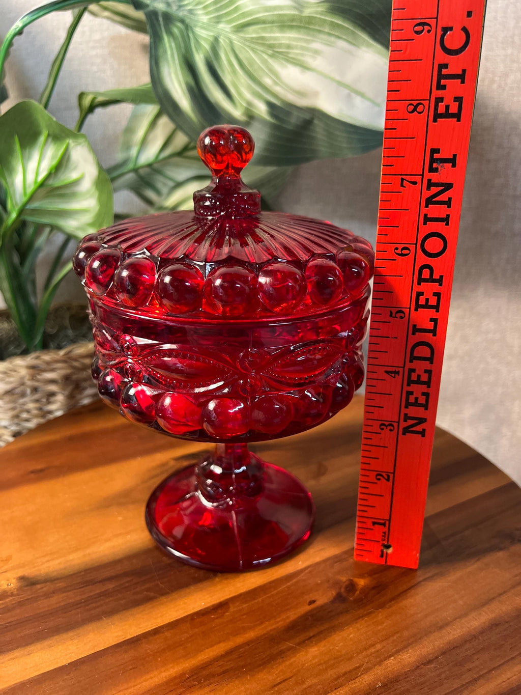 Vintage MOSSER GLASS Ruby Red Covered Candy Dish Compote Eye Winker 7"