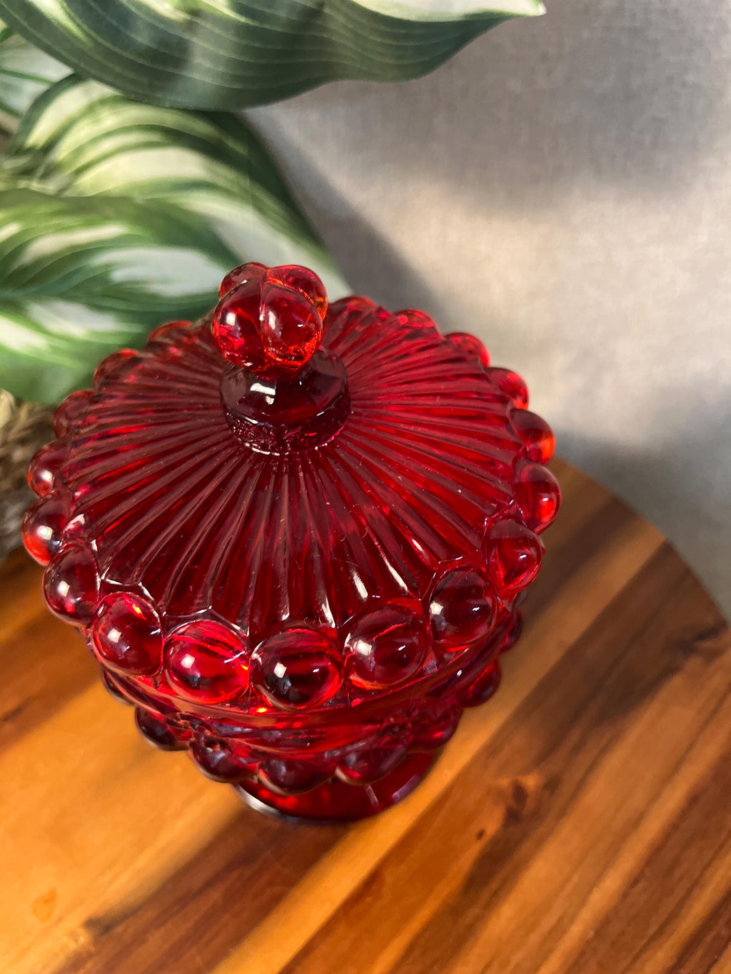 Vintage MOSSER GLASS Ruby Red Covered Candy Dish Compote Eye Winker 7"