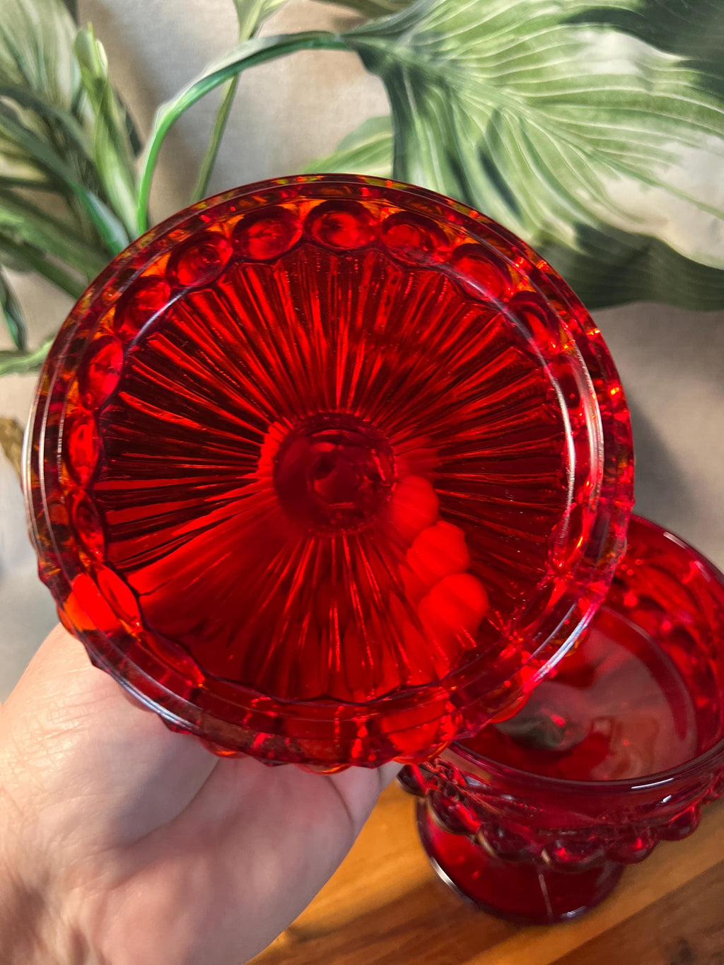 Vintage MOSSER GLASS Ruby Red Covered Candy Dish Compote Eye Winker 7"
