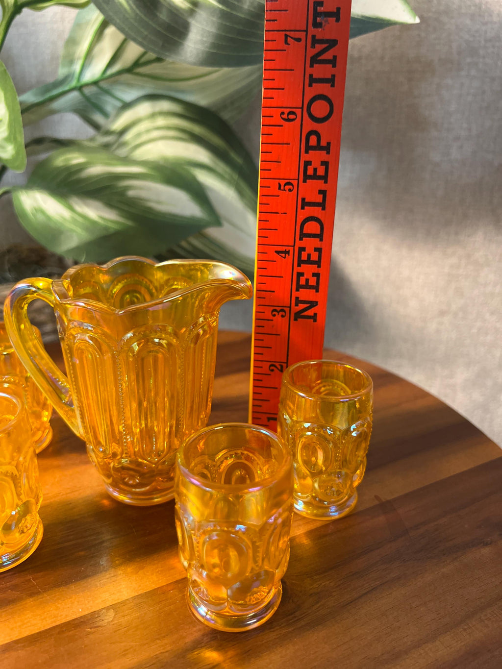 Weishar Iridized Orange Carnival Glass Mini Pitcher 4 Tumblers Set Moon Stars