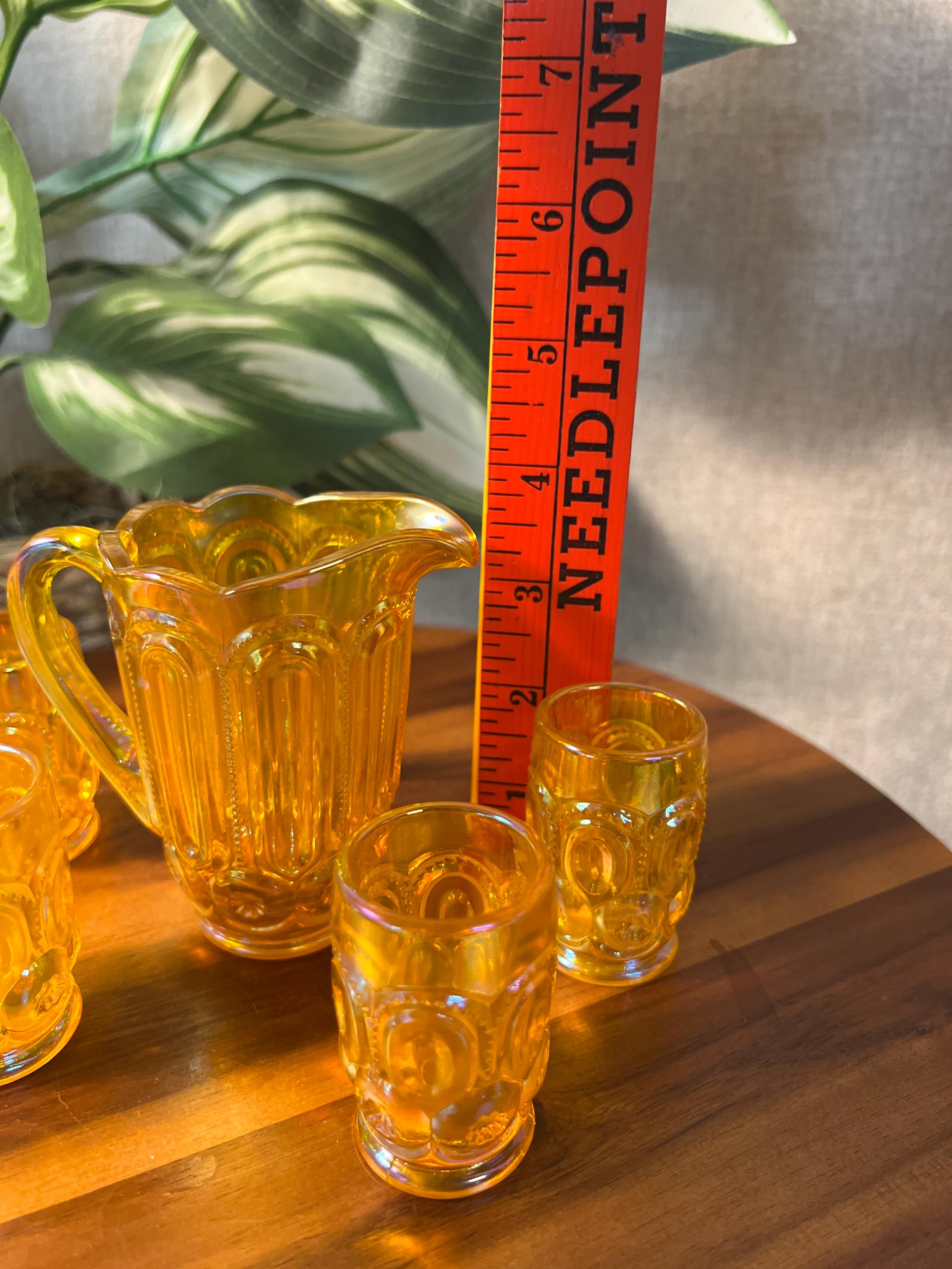 Weishar Iridized Orange Carnival Glass Mini Pitcher 4 Tumblers Set Moon Stars