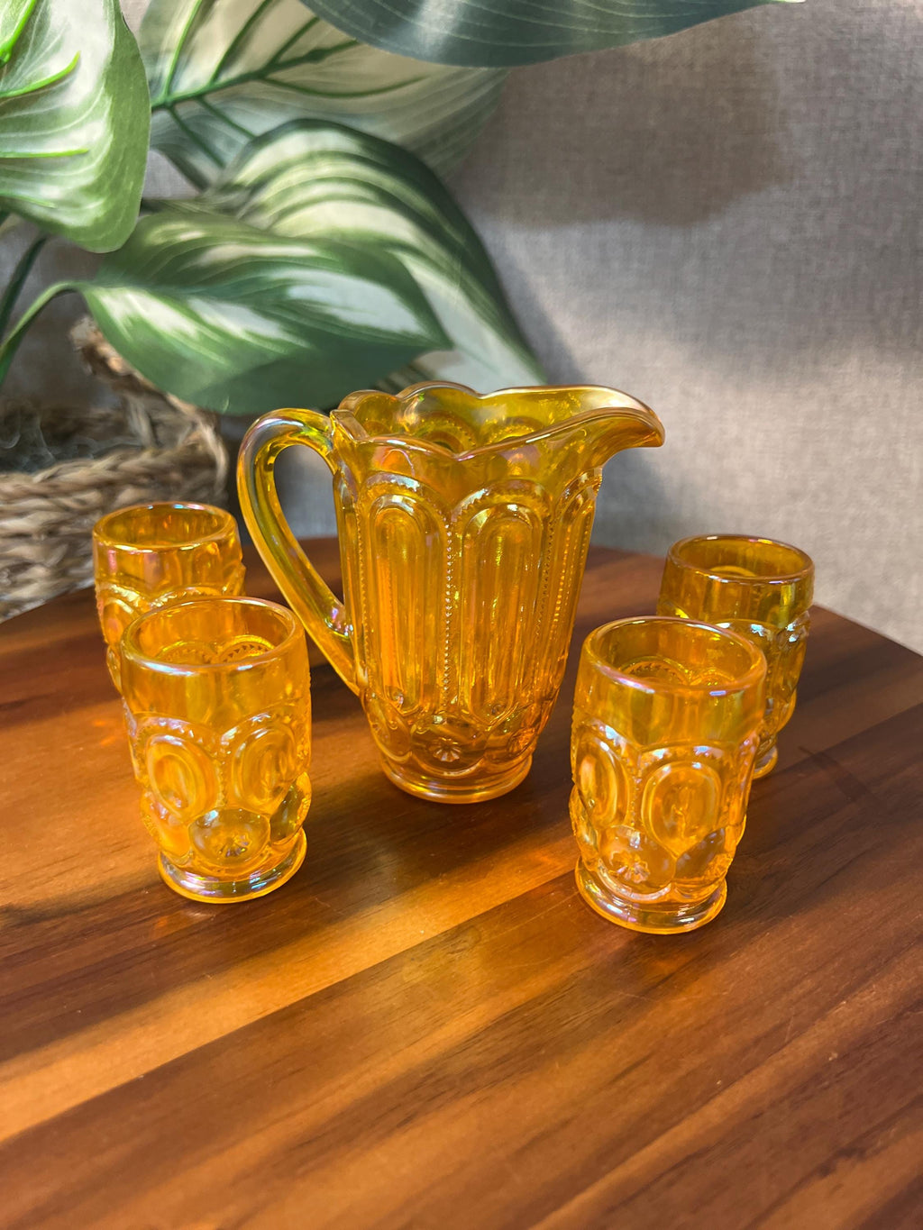 Weishar Iridized Orange Carnival Glass Mini Pitcher 4 Tumblers Set Moon Stars