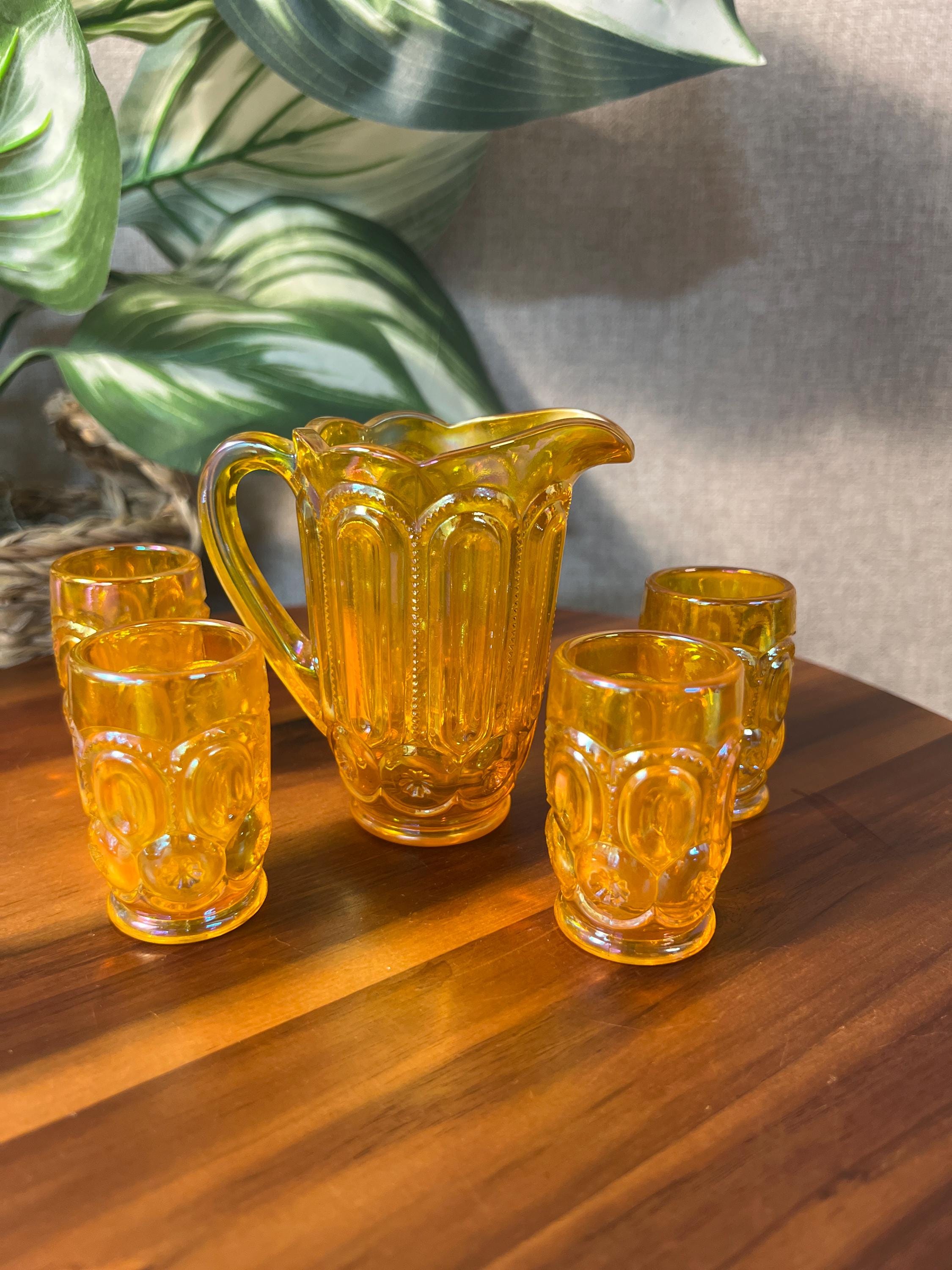 Weishar Iridized Orange Carnival Glass Mini Pitcher 4 Tumblers Set Moon Stars
