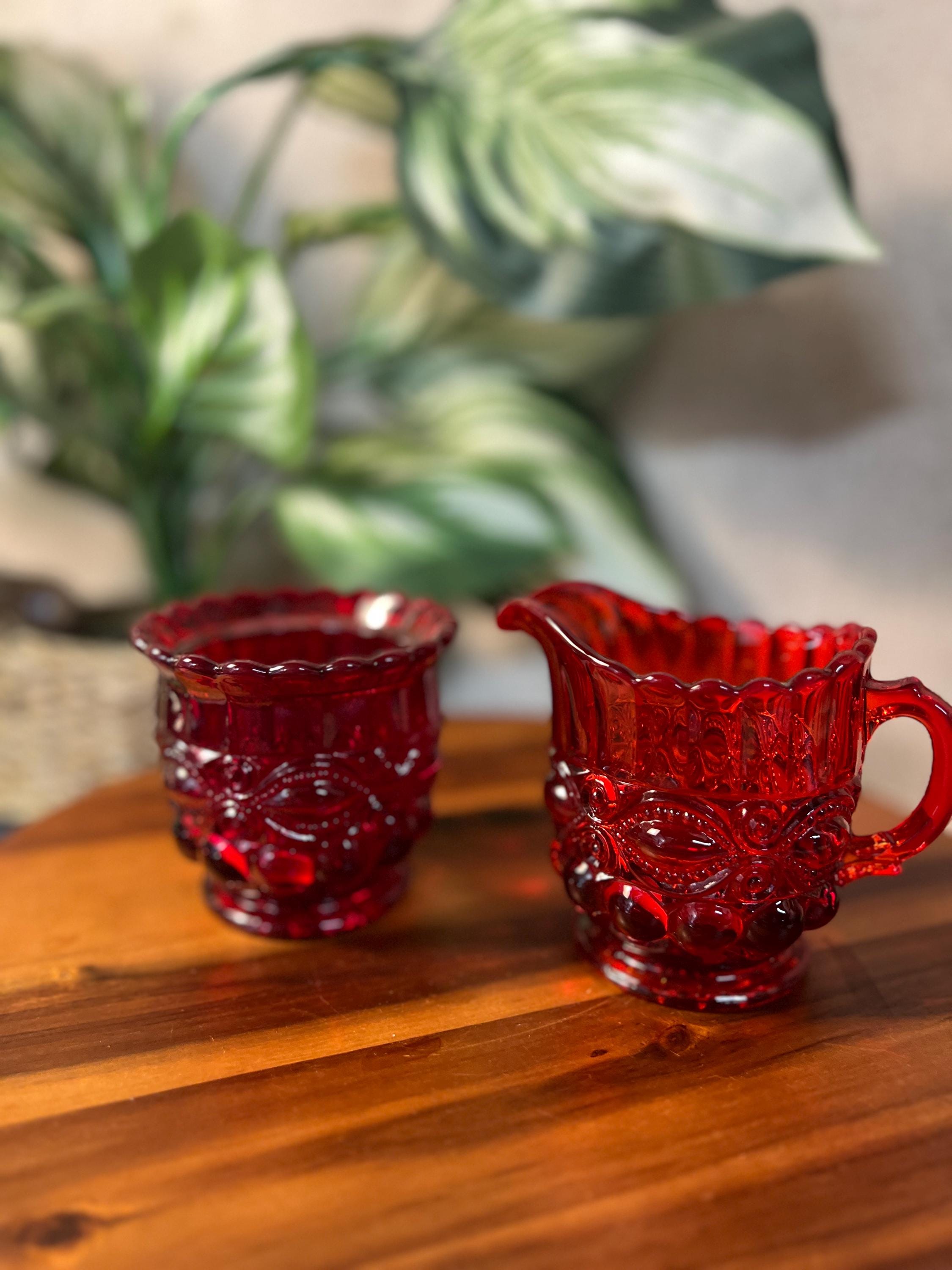 Mosser Eyewinker Pattern Ruby Red Glass Cream and Sugar Bowl missing lid