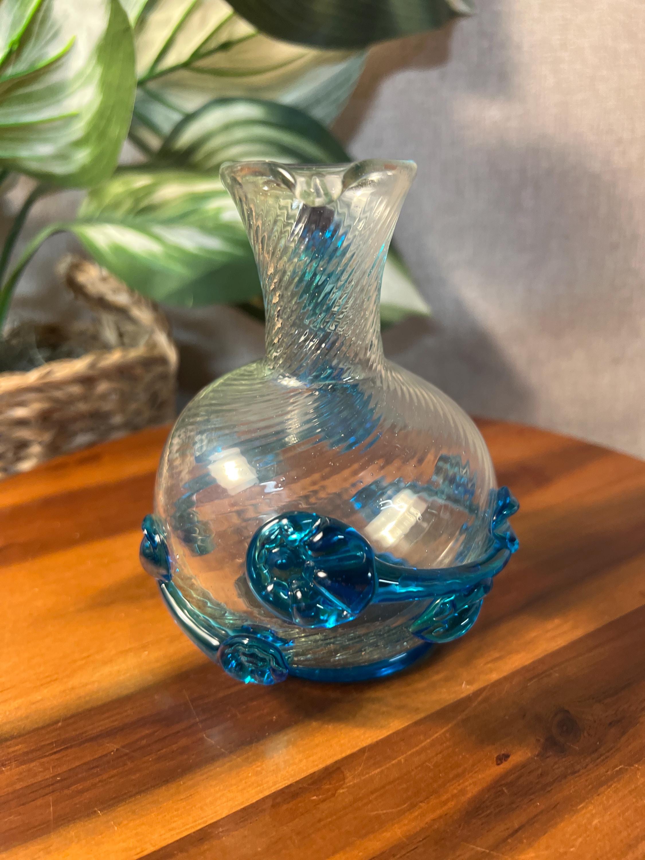 Clear Swirl Glass Hand Blown Pitcher with Blue Appliqué, Round