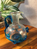 Clear Swirl Glass Hand Blown Pitcher with Blue Appliqué, Round