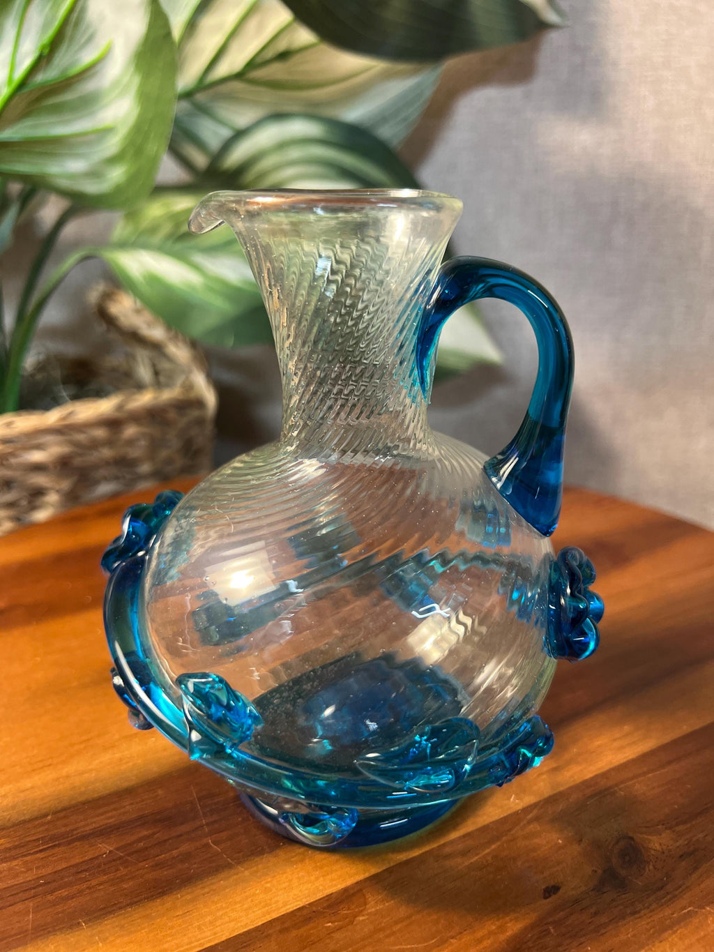Clear Swirl Glass Hand Blown Pitcher with Blue Appliqué, Round
