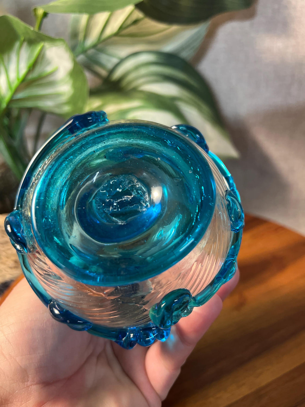 Clear Swirl Glass Hand Blown Pitcher with Blue Appliqué, Round