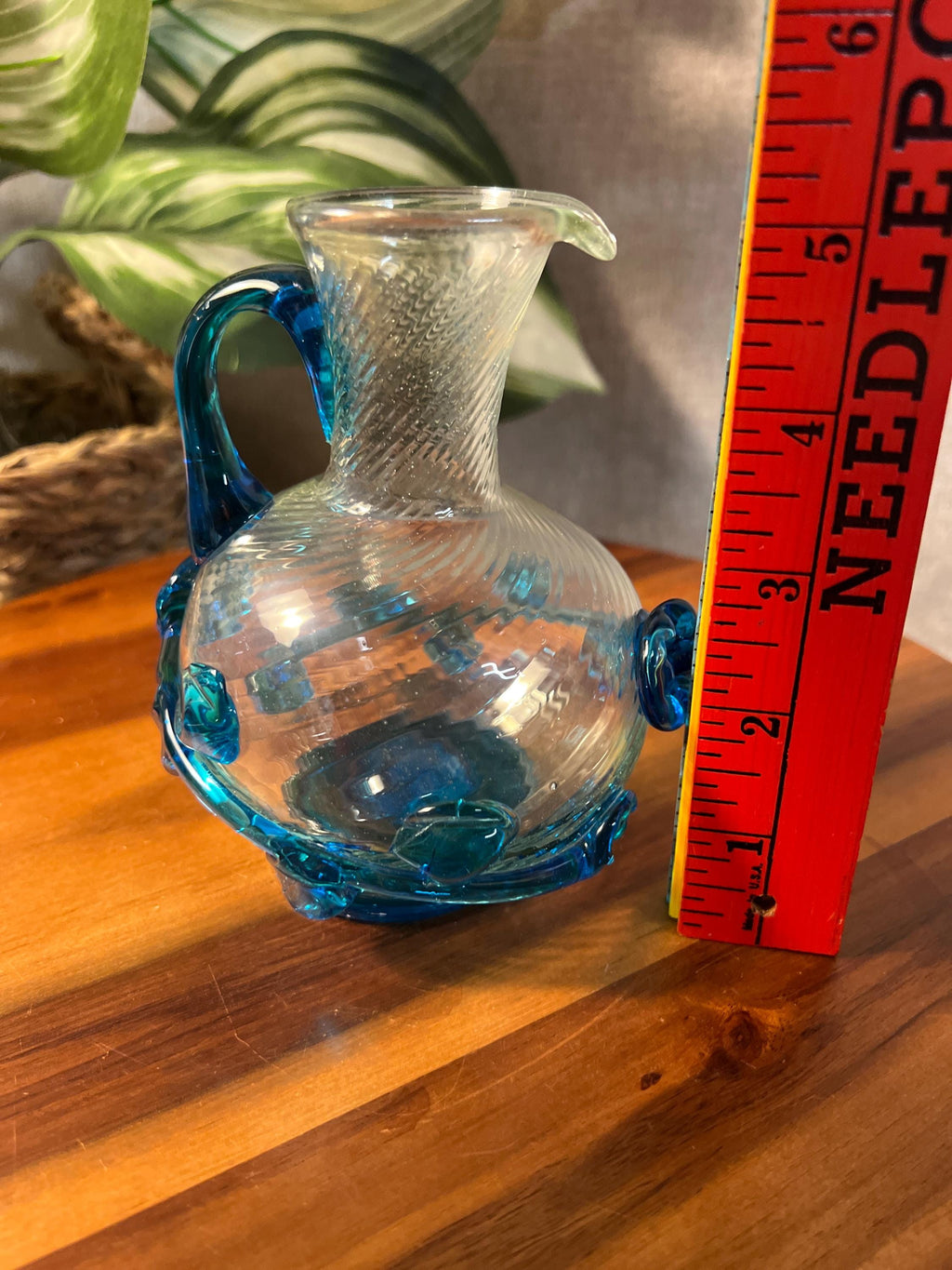 Clear Swirl Glass Hand Blown Pitcher with Blue Appliqué, Round