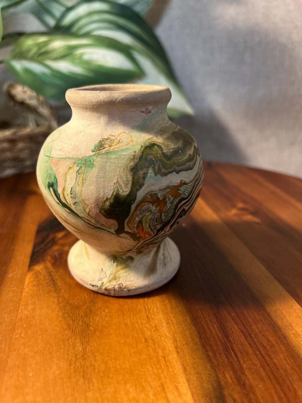 Vintage Handthrown Nemadji Small Vase Green yellow  Swirl