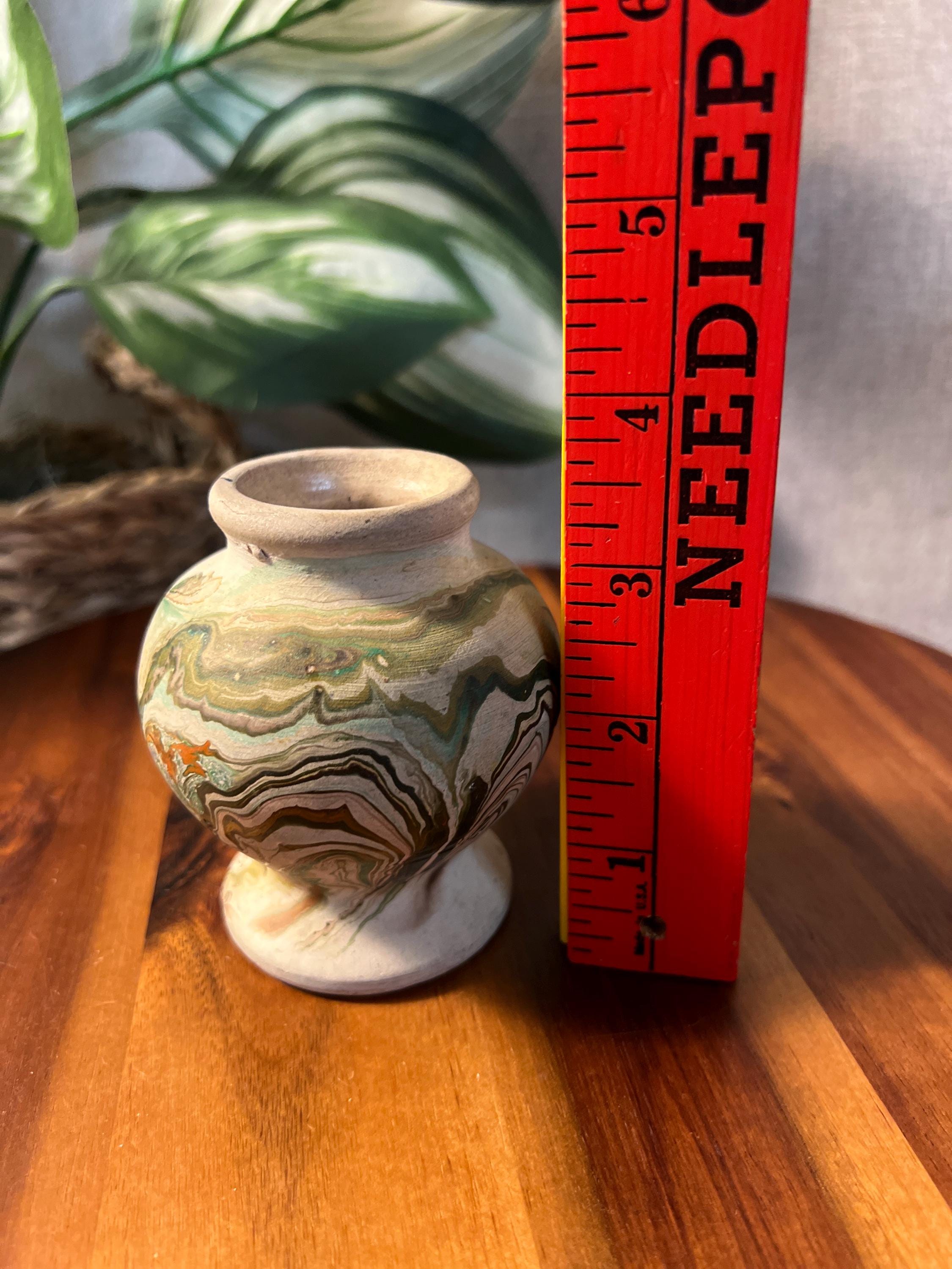 Vintage Handthrown Nemadji Small Vase Green yellow  Swirl