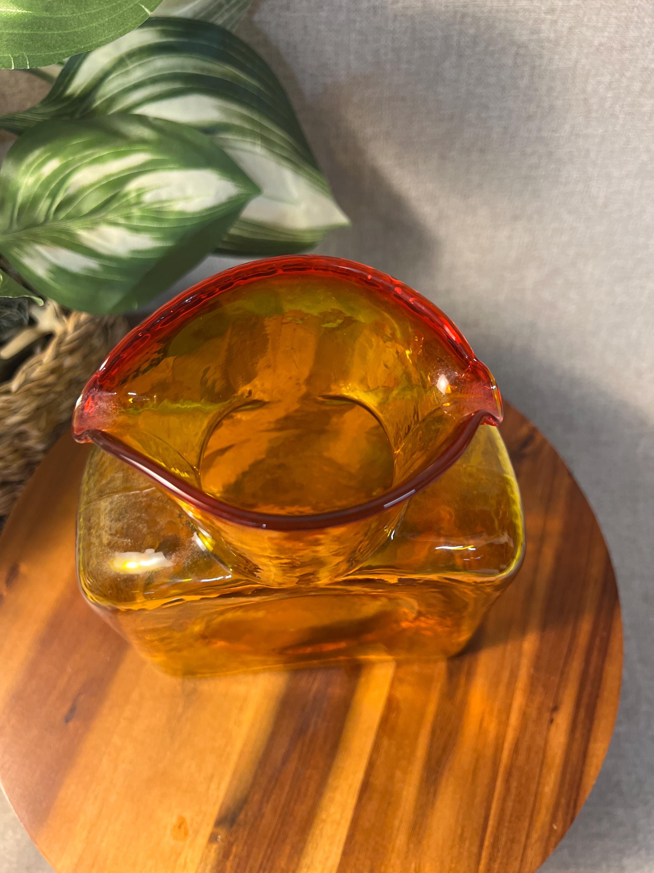 VTG Blenko Art Glass 384 Double Spouted Water Bottle Pitcher Amberina Tangerine