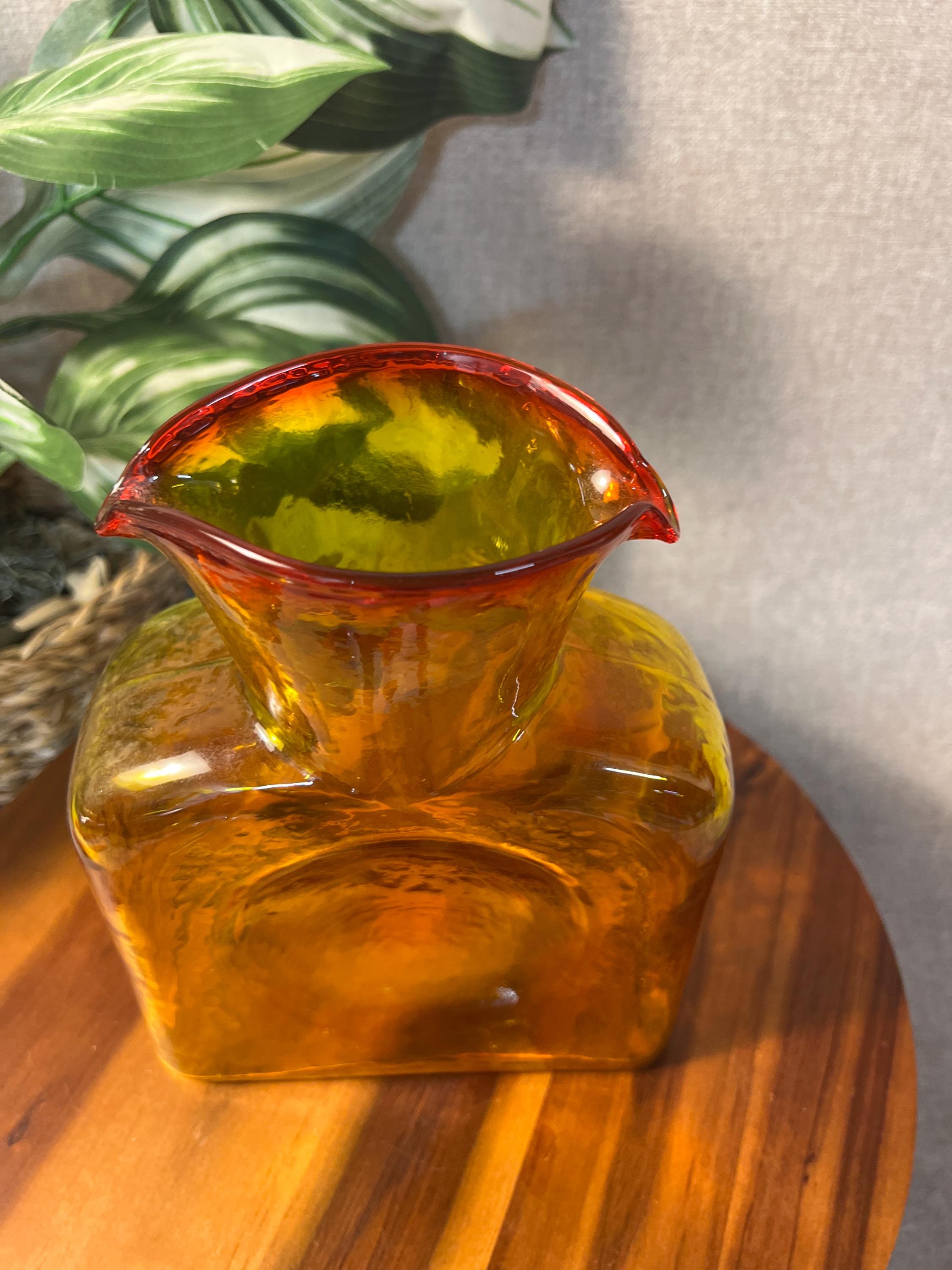 VTG Blenko Art Glass 384 Double Spouted Water Bottle Pitcher Amberina Tangerine