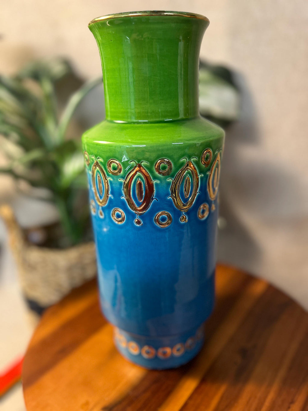 Vintage MCM Aldo Londi for Bitossi 990 Green Blue & Gold Vase Made In Italy 12