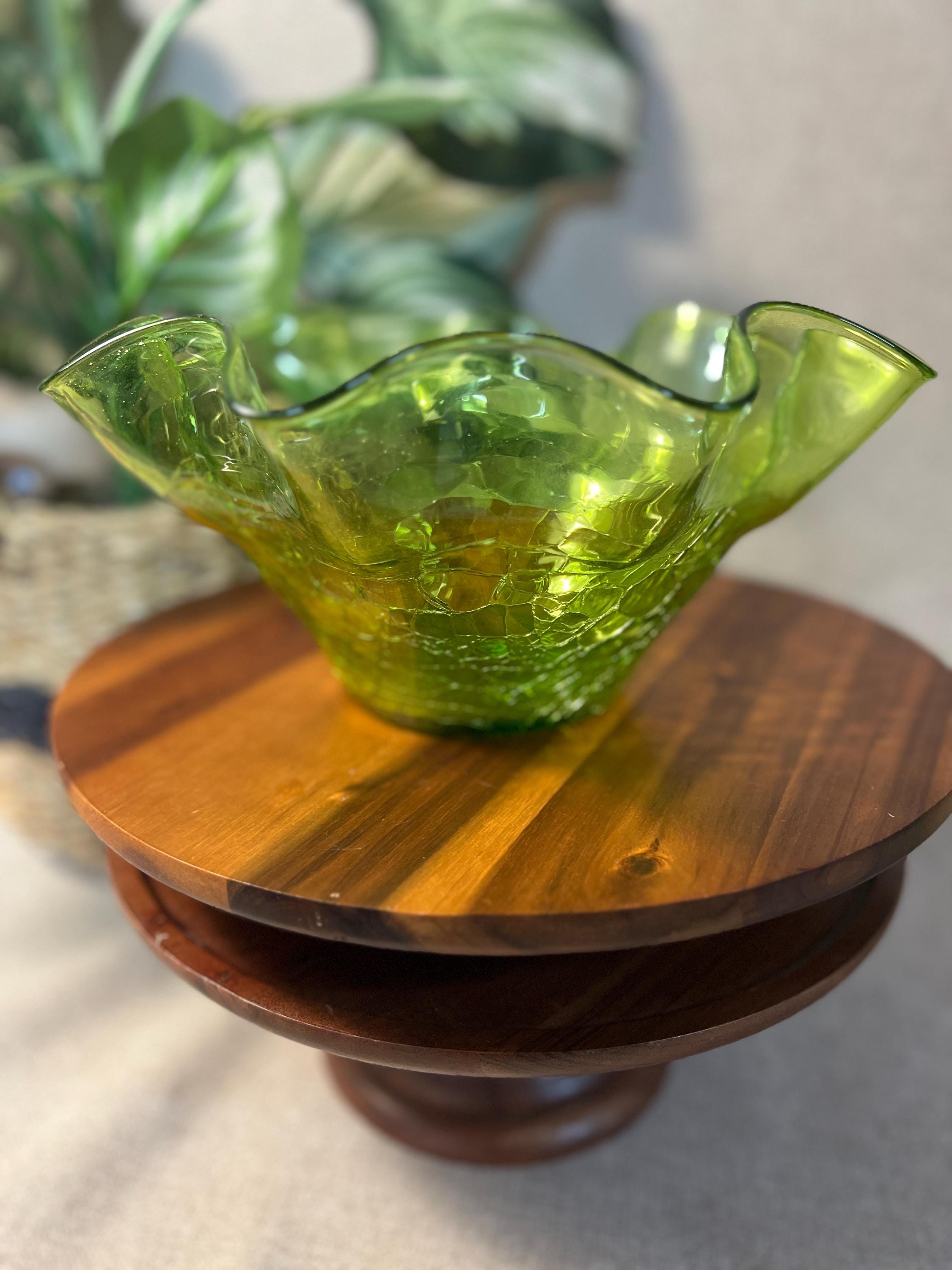 Vintage Blenko Art Glass Ruffled Bowl 1950s Mid Century Hand Blown #3744